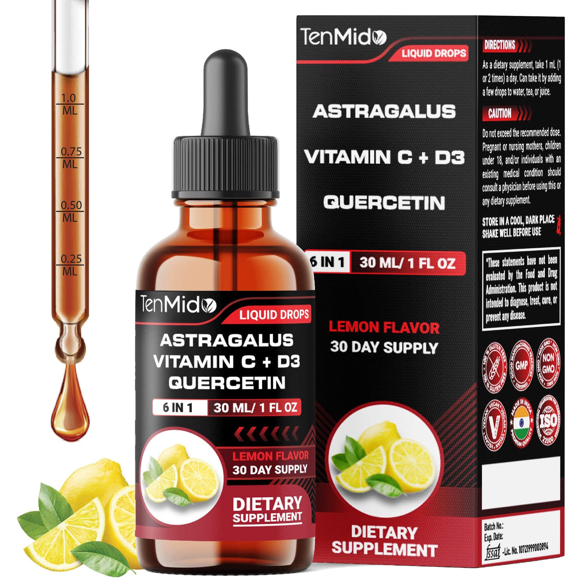 Tenmido 6-in-1 Astragalus Root Tincture - Herbal Extract Supplements with Quercetin, Rhodiola Rosea, Vitamin D3, Vitamin C, and Zinc - Vegan, Non-GMO - 30ml 1 Fl Oz Tenmido buy supplements canada