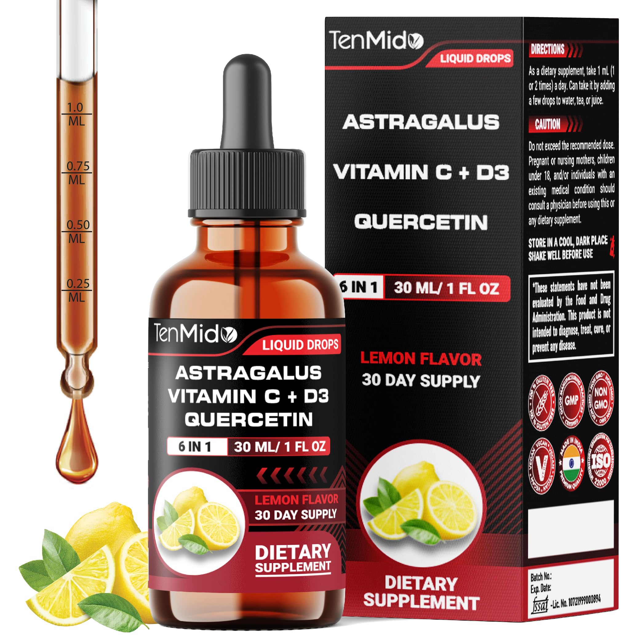 Tenmido 6-in-1 Astragalus Root Tincture - Herbal Extract Supplements with Quercetin, Rhodiola Rosea, Vitamin D3, Vitamin C, and Zinc - Vegan, Non-GMO - 30ml 1 Fl Oz Tenmido buy supplements canada