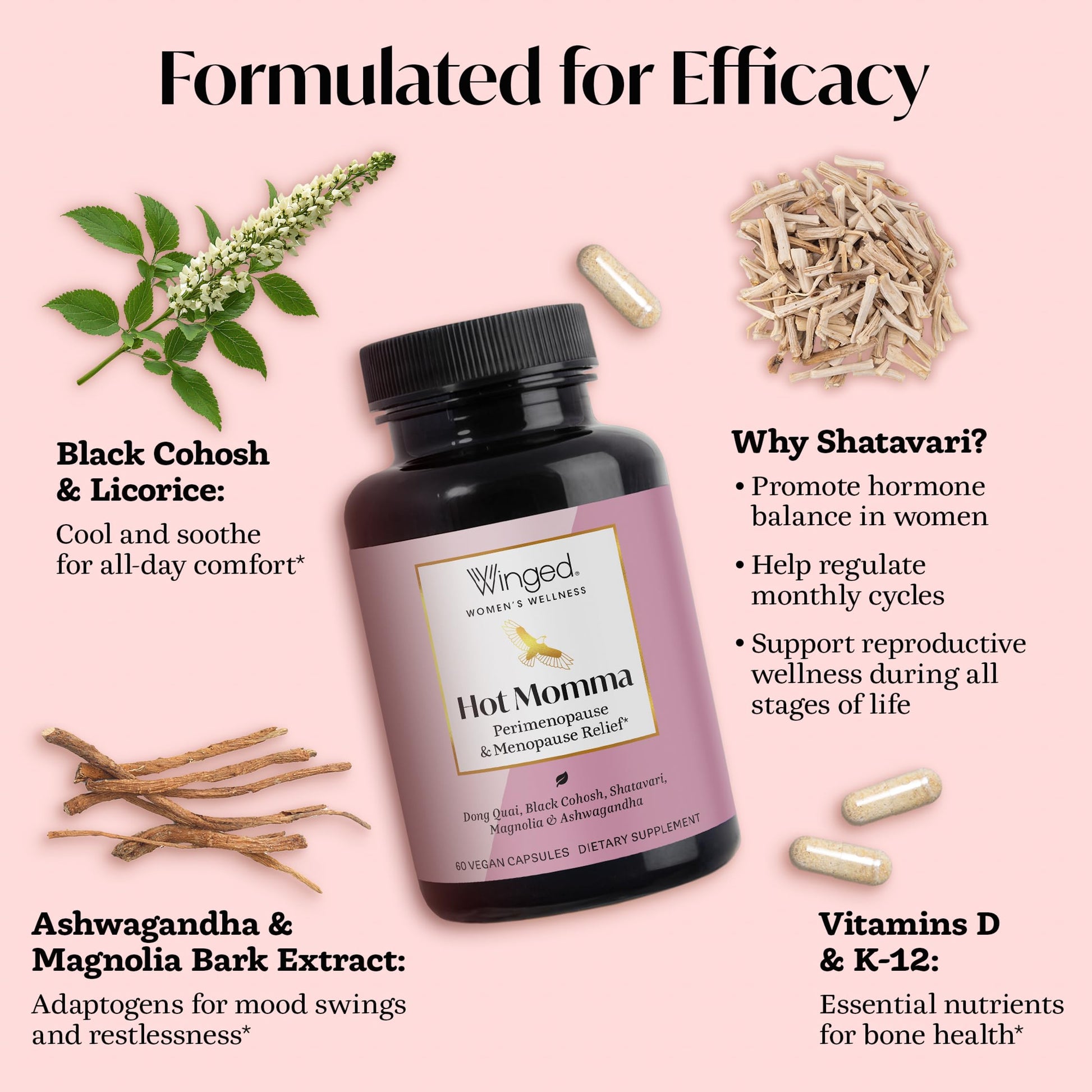 Winged Wellness Hot Momma Menopause Supplements for Women - Hormone-Free Menopause Relief Support for Hot Flashes & Night Sweats with Chaste Tree Berry, Multivitamins & Shatavari - 60 Vegan Capsules Winged Wellness buy supplements canada
