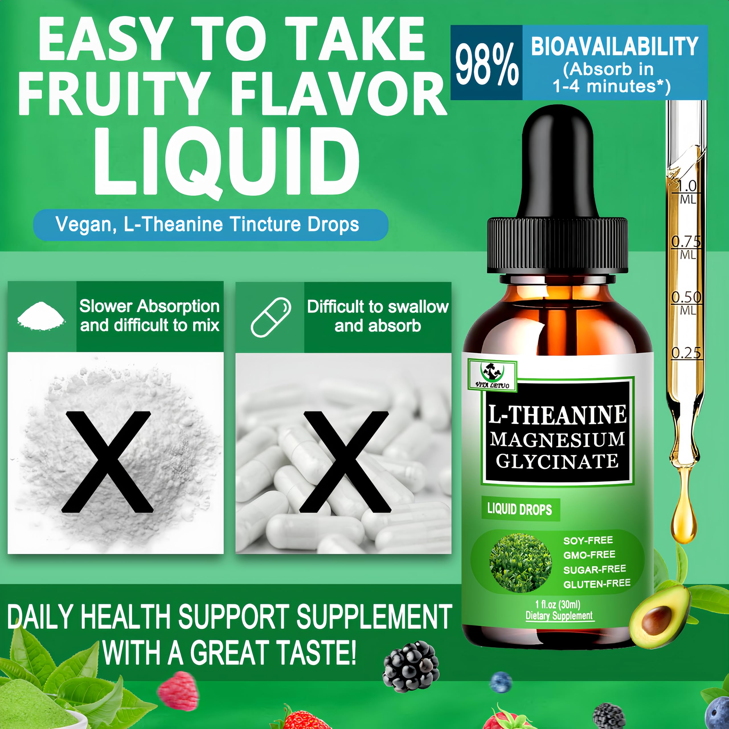 L Theanine Drops, Liquid L-Theanine Supplement 200mg w/Magnesium Glycinate,Vitamins,Fiber for Relaxation,Sleep,Digestion, Calm,High Absorption Mood Support for Adults & Kids,Plant Based,Non-GMO Vita letuo buy supplements canada