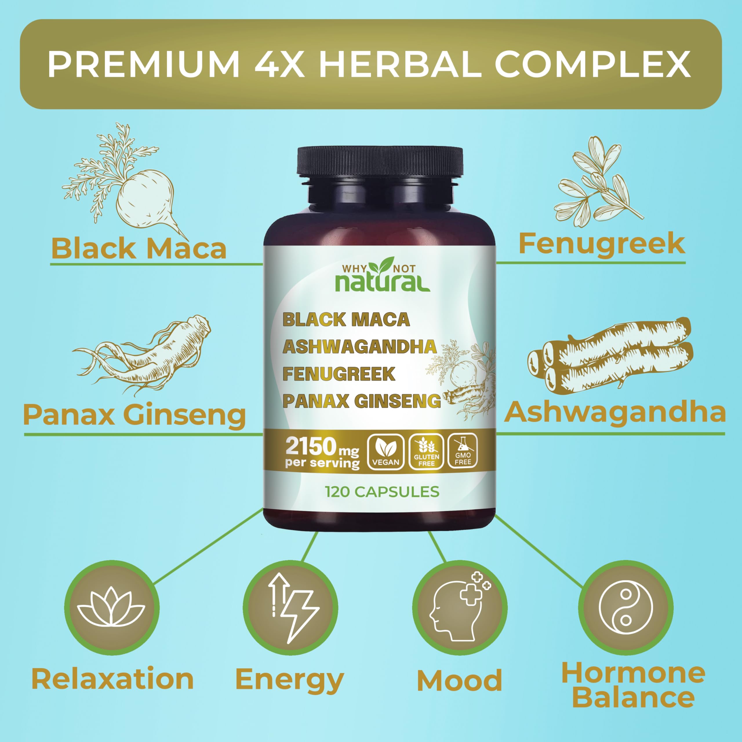 Why Not Natural 4-in-1 Organic Black Maca Root, Ashwagandha, Fenugreek, Panax Ginseng Capsules, Supplement for Men and Women (120 Count (Pack of 1) Why Not Natural buy supplements canada