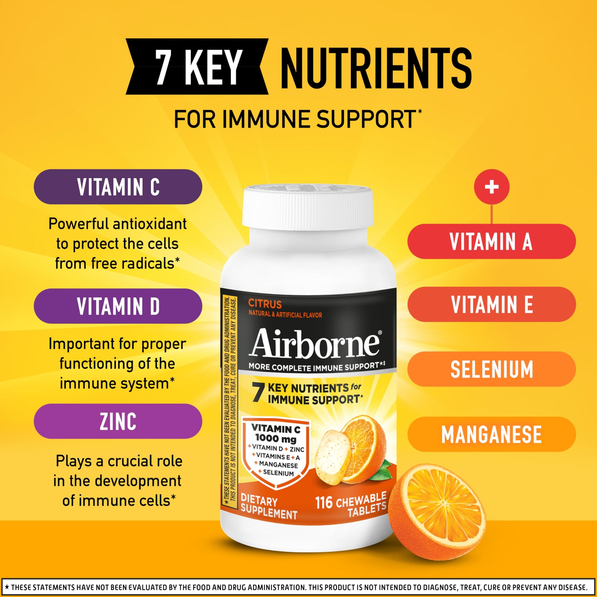Airborne Vitamin C 1000mg (per Serving) - Citrus Chewable Tablets (116 Count in a Bottle), Gluten-Free Immune Support Supplement, with Vitamins A C E, Zinc, Selenium Airborne buy supplements canada