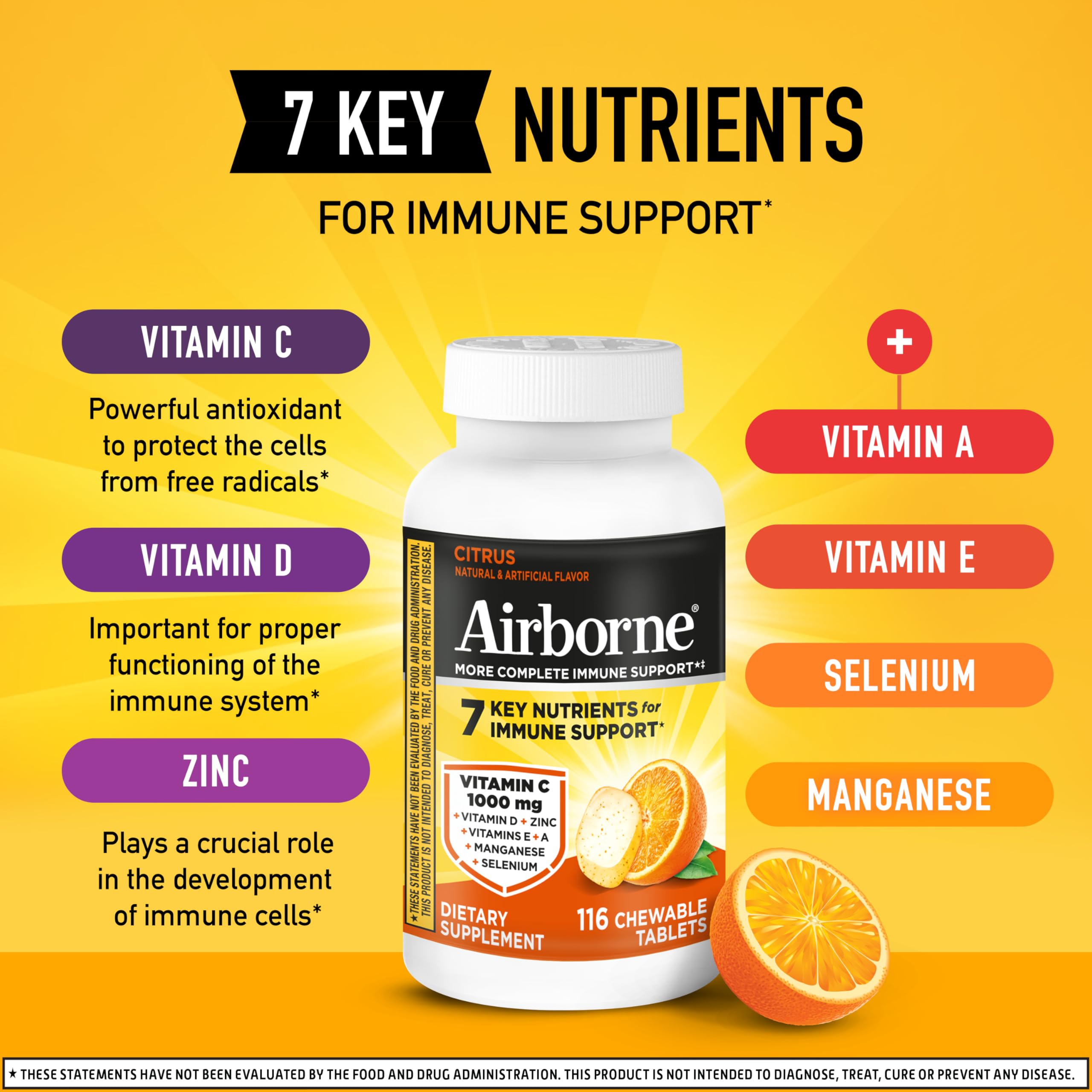 Airborne Vitamin C 1000mg (per Serving) - Citrus Chewable Tablets (116 Count in a Bottle), Gluten-Free Immune Support Supplement, with Vitamins A C E, Zinc, Selenium Airborne buy supplements canada
