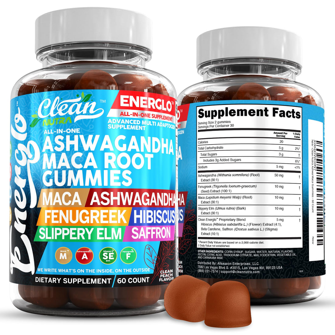 Ashwagandha Maca Root Gummies with Fenugreek Hibiscus Slippery Elm Saffron Extract & Beta Carotene | Peach Flavor Vegan Gummy Vitamins Adaptogen Cortisol Supplement Energlo by Clean Nutra Clean Nutraceuticals buy supplements canada