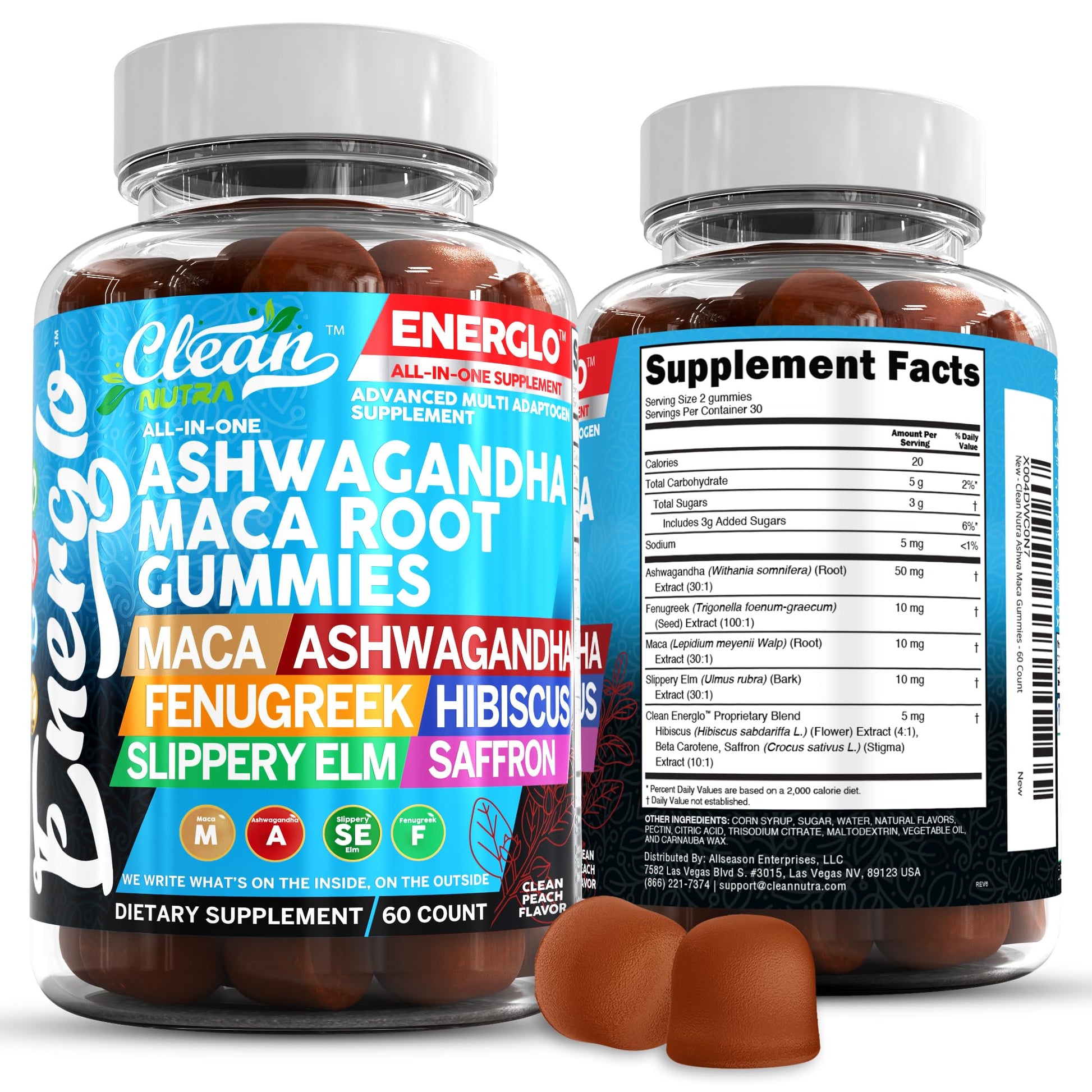 Ashwagandha Maca Root Gummies with Fenugreek Hibiscus Slippery Elm Saffron Extract & Beta Carotene | Peach Flavor Vegan Gummy Vitamins Adaptogen Cortisol Supplement Energlo by Clean Nutra Clean Nutraceuticals buy supplements canada