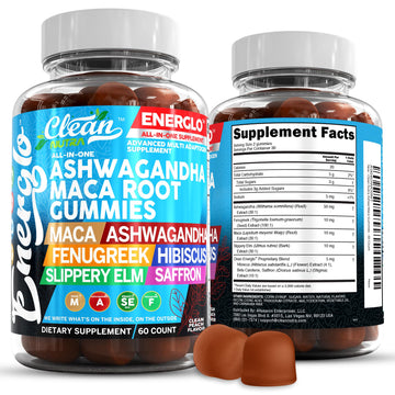 Ashwagandha Maca Root Gummies with Fenugreek Hibiscus Slippery Elm Saffron Extract & Beta Carotene | Peach Flavor Vegan Gummy Vitamins Adaptogen Cortisol Supplement Energlo by Clean Nutra Clean Nutraceuticals buy supplements canada