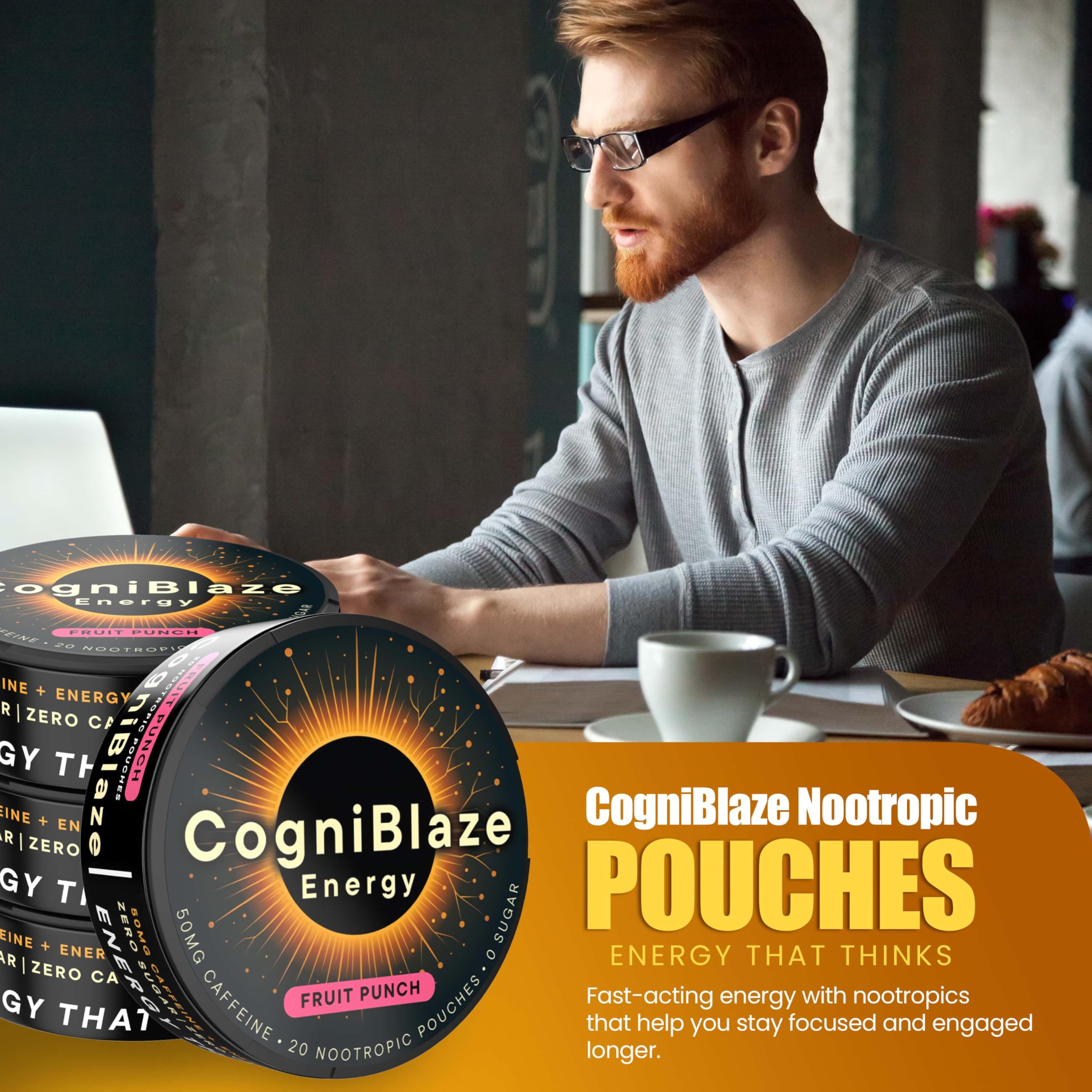 CogniBlaze Caffeine Pouches (Fruit Punch) | Nootropic Energy Pouches with 50mg Caffeine, Alpha GPC, L-Tyrosine & L-Theanine | Zero Sugar | No Artificial Sweeteners | 4 Pack (80 Total) CogniBlaze buy supplements canada