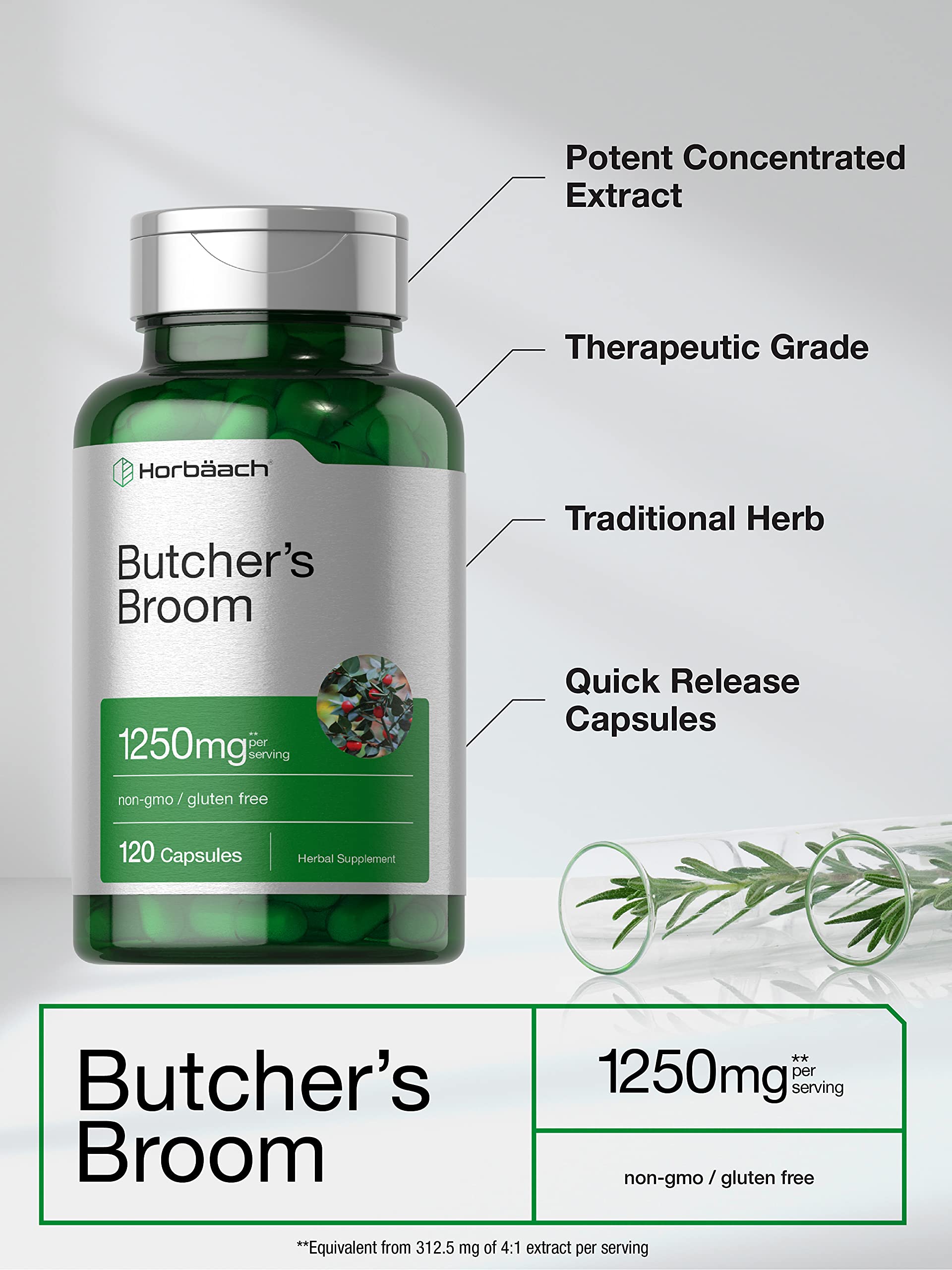 Butchers Broom Capsules 1250mg | 120 Count | Non-GMO, Gluten Free | Traditional Herb Horbäach buy supplements canada