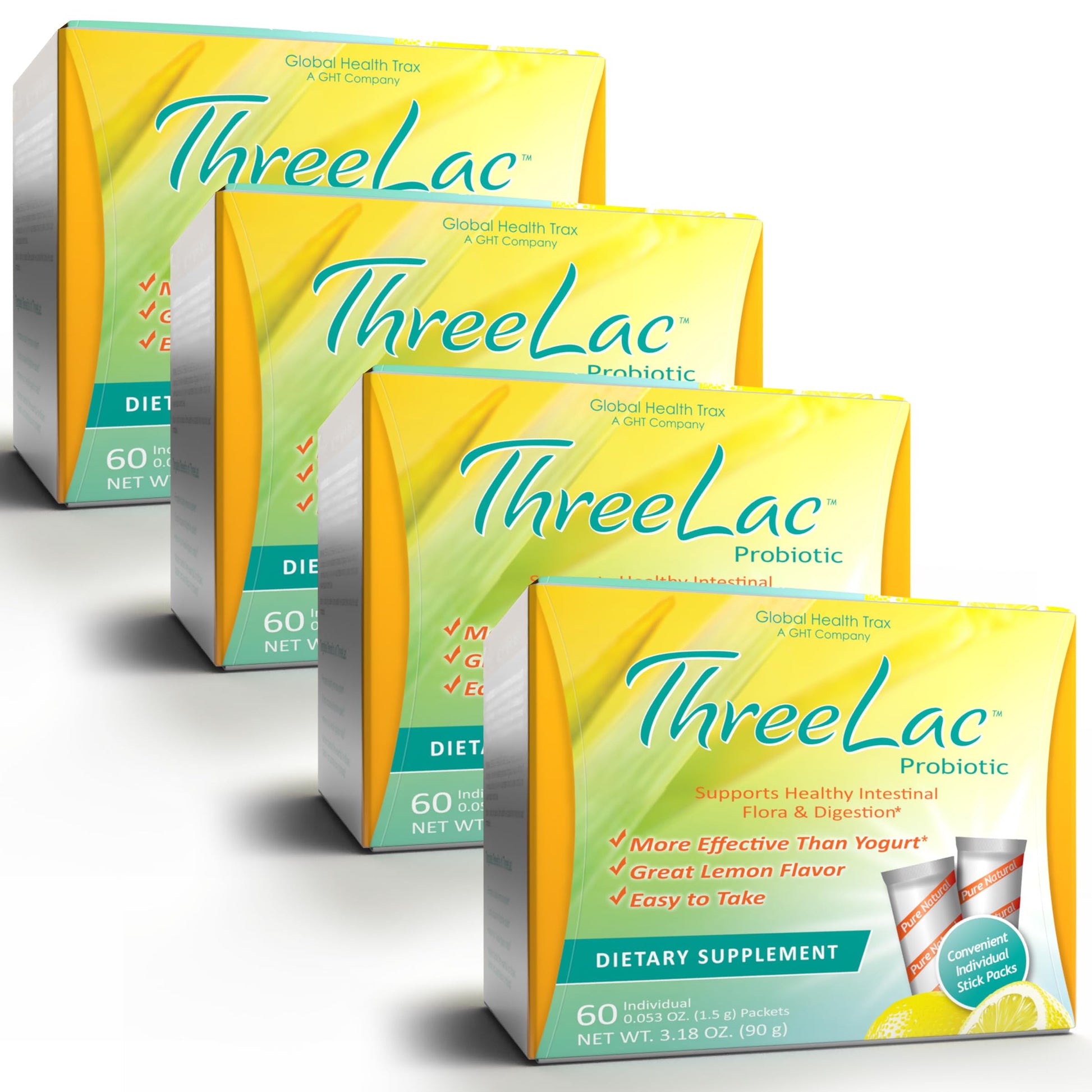 GHT - ThreeLac Lemon Probiotic Drink Mix for Digestive Health - Advanced Probiotic Powder Formula for Men, Women, and Kids - Immune Support & Gut Balance, Non-GMO - 240 Packets ght Global Health Trax buy supplements canada