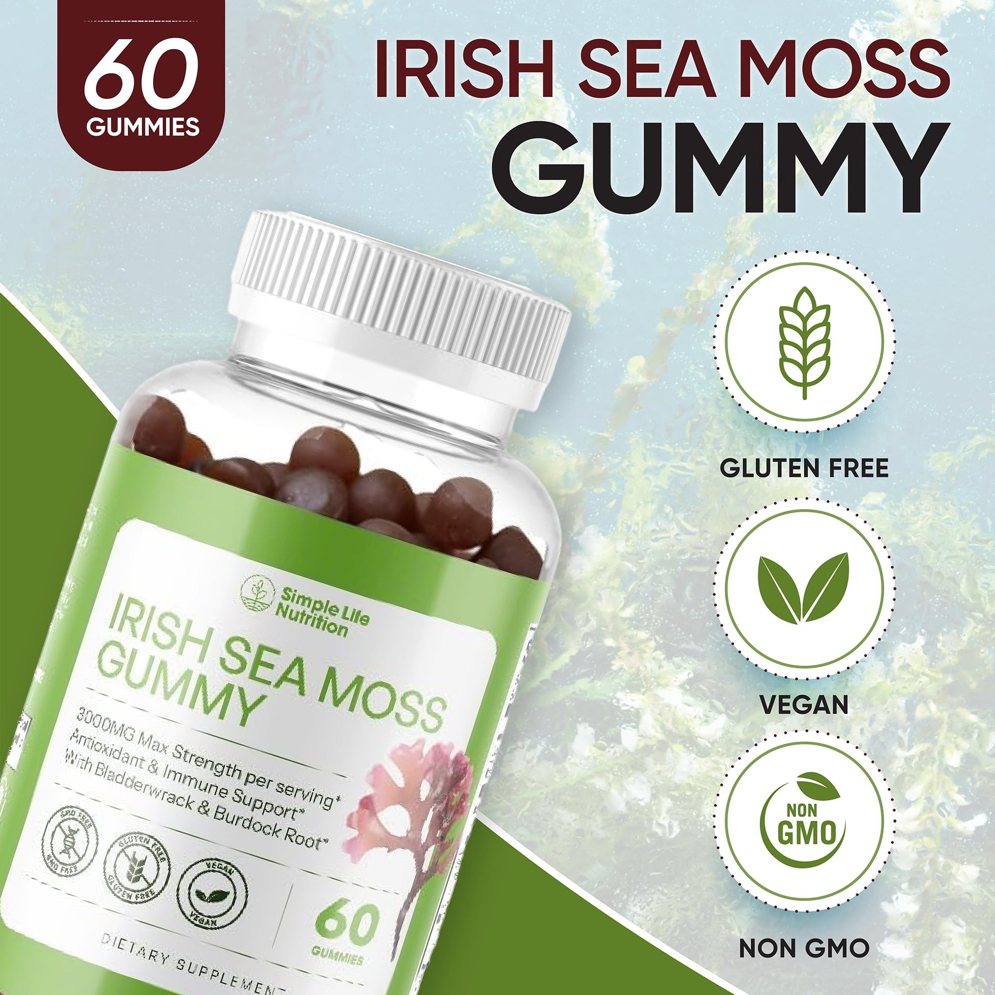 Simple Life Nutrition Organic Irish Sea Moss Gummies - Burdock Root and Bladderwrack Natural Blend - Immune System Gut Cleanse & Thyroid Supplement - Skin and Nail Health - 60CT Simple Life Nutrition buy supplements canada