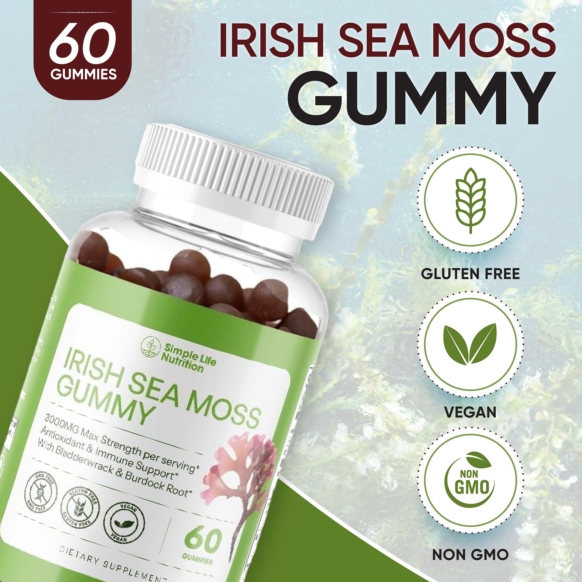 Simple Life Nutrition Organic Irish Sea Moss Gummies - Burdock Root and Bladderwrack Natural Blend - Immune System Gut Cleanse & Thyroid Supplement - Skin and Nail Health - 60CT Simple Life Nutrition buy supplements canada