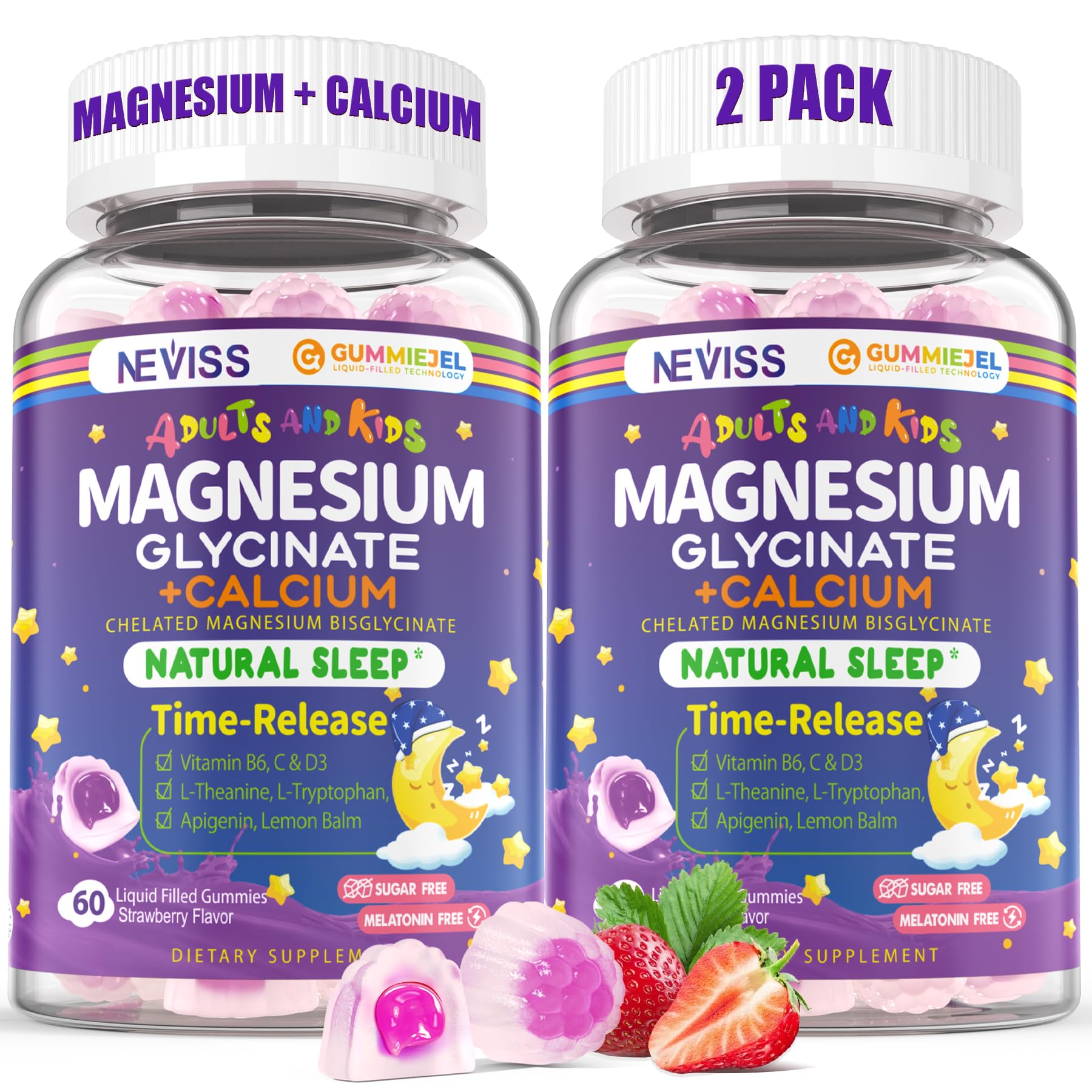 Neviss Magnesium Glycinate + Calcium Filled Gummies for Adults and Kids 4+, Kids Sleep Gummies Melatonin Free, No Sugar Magnesium Supplement w/B6 D3, L-Theanine for Zzz Relax, Brain,Bone,Muscle 2Pack NEVISS buy supplements canada