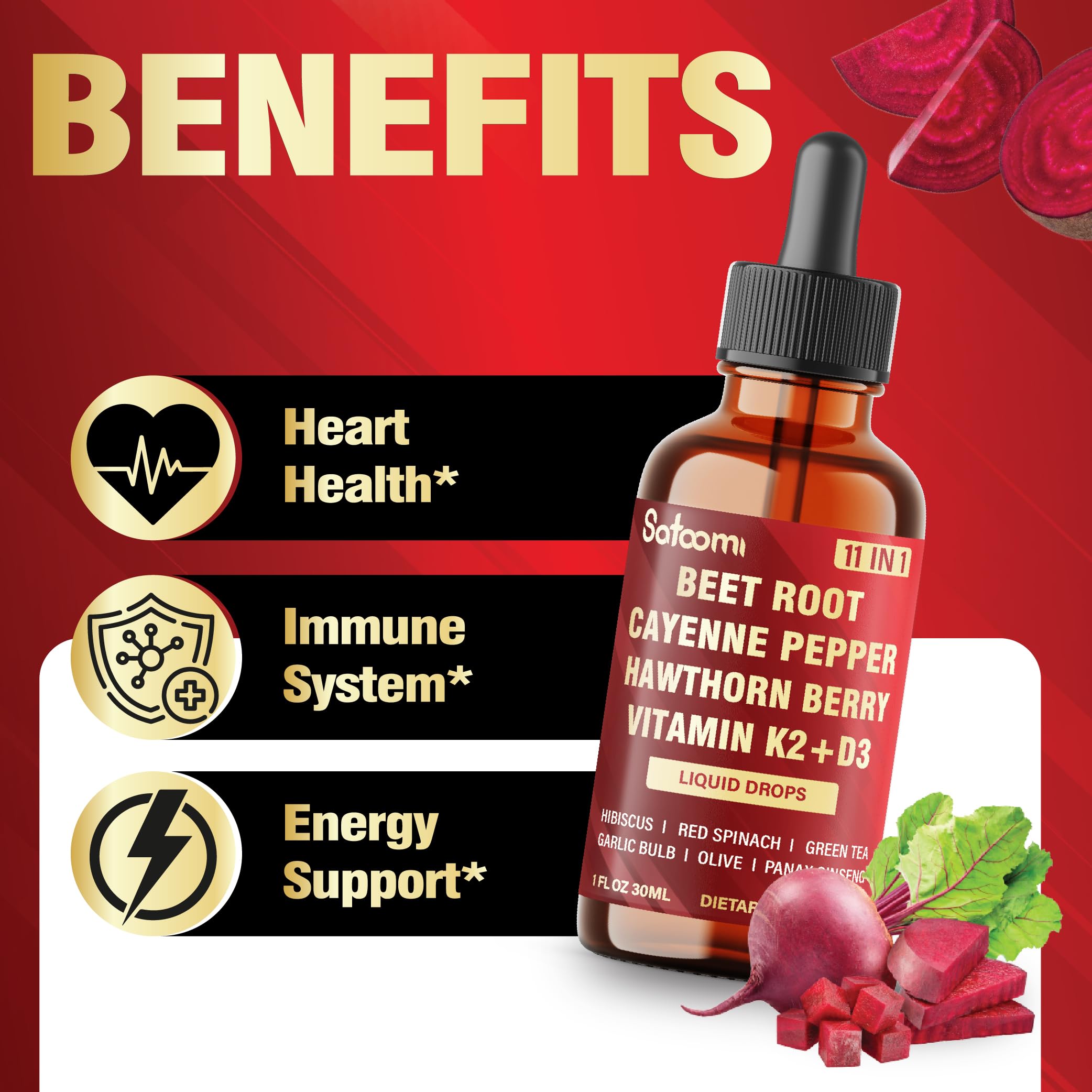 11in1 Beet Root Liquid Drops Supplement with Formula with D3, K2, Hawthorn, Red Spinach, Garlic & Green Tea and More - Supports Immune & Vitality - 1 FL Oz - for 60 Days Satoomi buy supplements canada