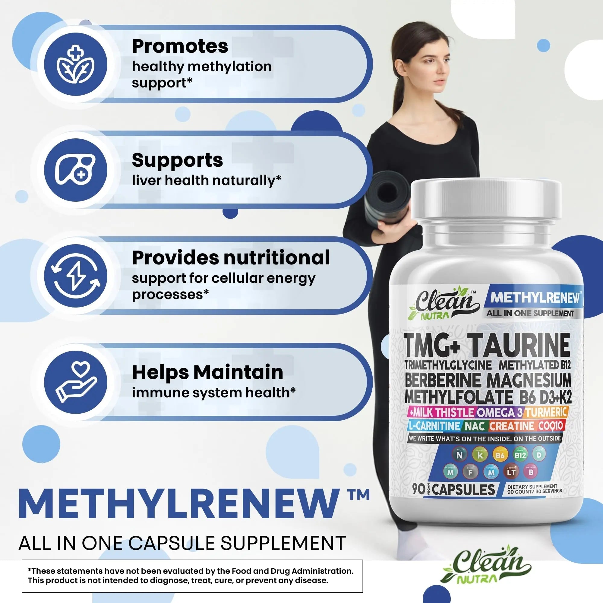 Clean Nutra TMG Supplements 1000mg | Methylated Multivitamin for Women Men | Taurine B6 Vitamins B12 D3 K2 Trimethylglycine Magnesium Clean Nutraceuticals buy supplements canada