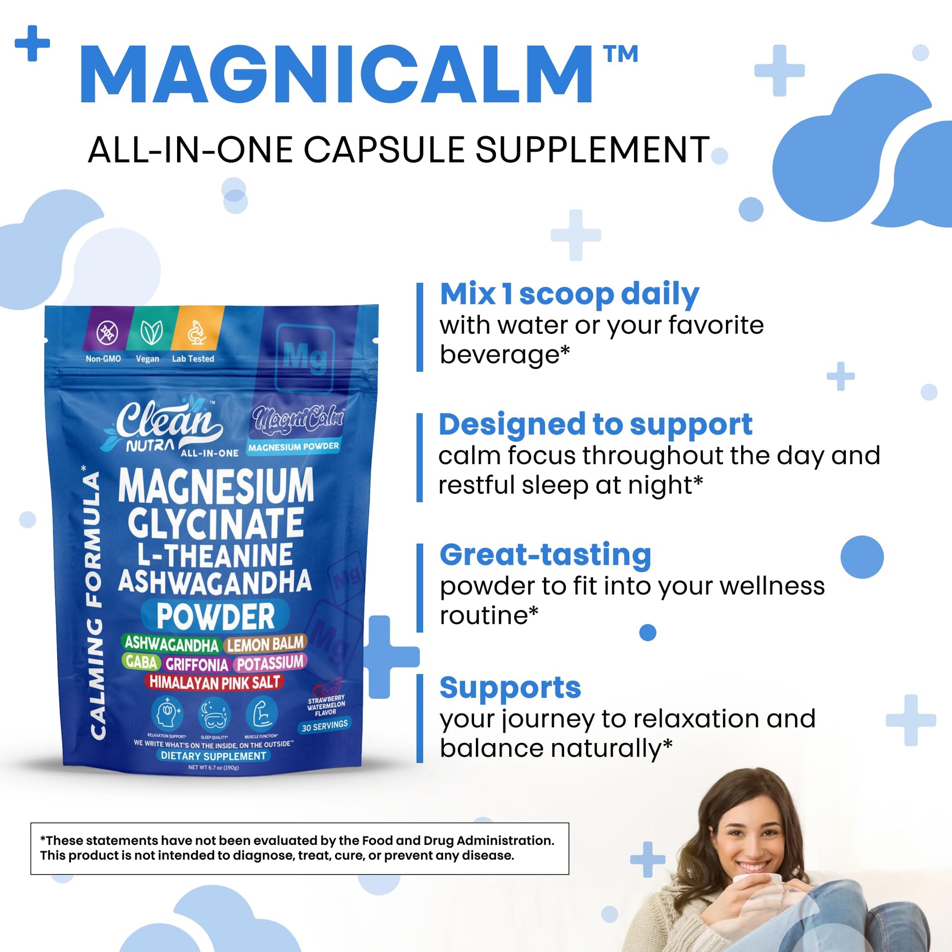 Magnesium Glycinate Powder Supplement + L Theanine Ashwagandha Glycine Apigenin Lemon Balm GABA 5HTP Pink Salt Potassium L Tryptophan Calcium | Powdered Sleep Aid Calm Trace Minerals Vitamin Clean Nutraceuticals buy supplements canada