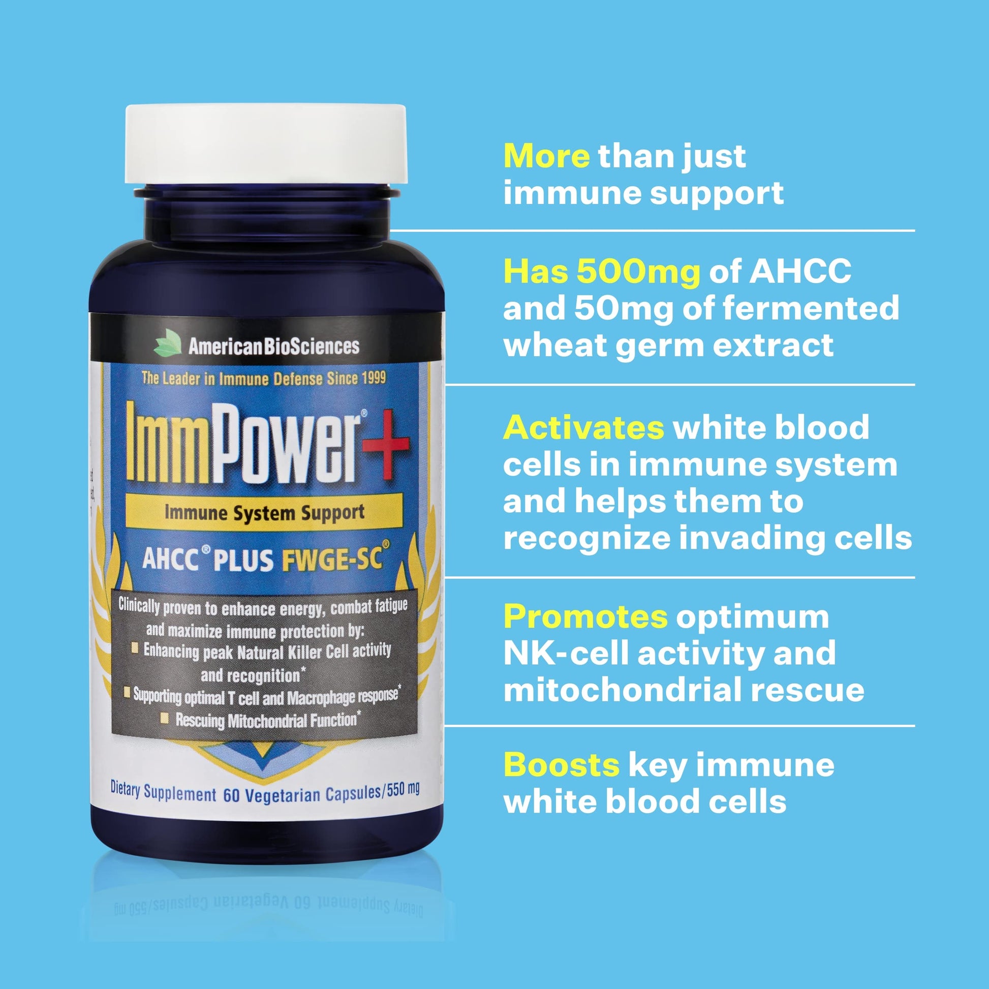 American BioSciences ImmPower Plus, AHCC & Fermented Wheat Germ Extract Herbal Supplement, 550mg per Capsule for Immune Support, Maintains Natural Killer Cell Activity, Pack of 1, 60 Veggie Capsules American BioSciences buy supplements canada