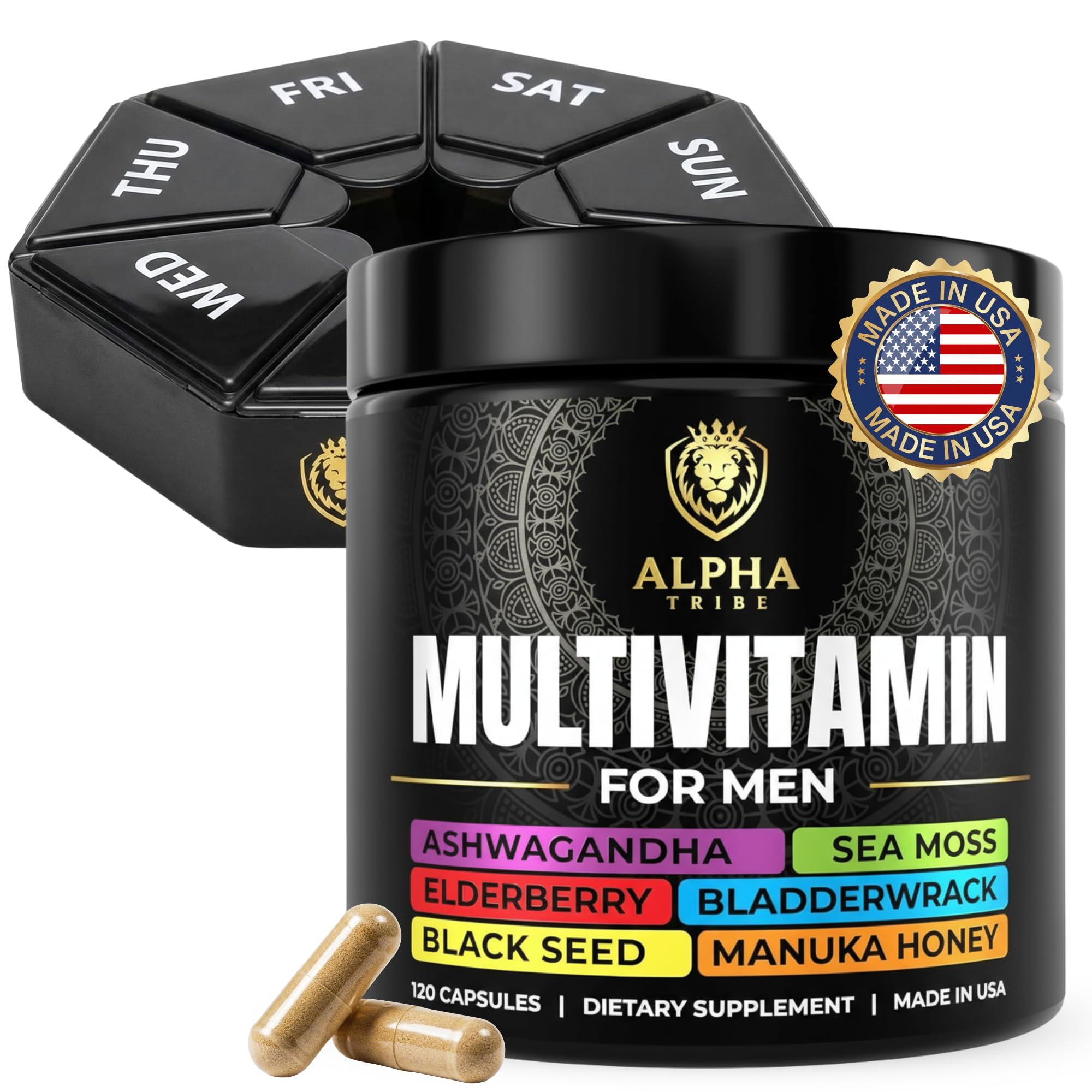Alpha Tribe Multivitamin for Men & Organizer w/Seamoss Black Seed Oil Ashwagandha Burdock Root Turmeric Bladderwrack Vitamin C | Daily Men's Vitamins & Minerals Supplement | 60 Count Alpha Tribe buy supplements canada