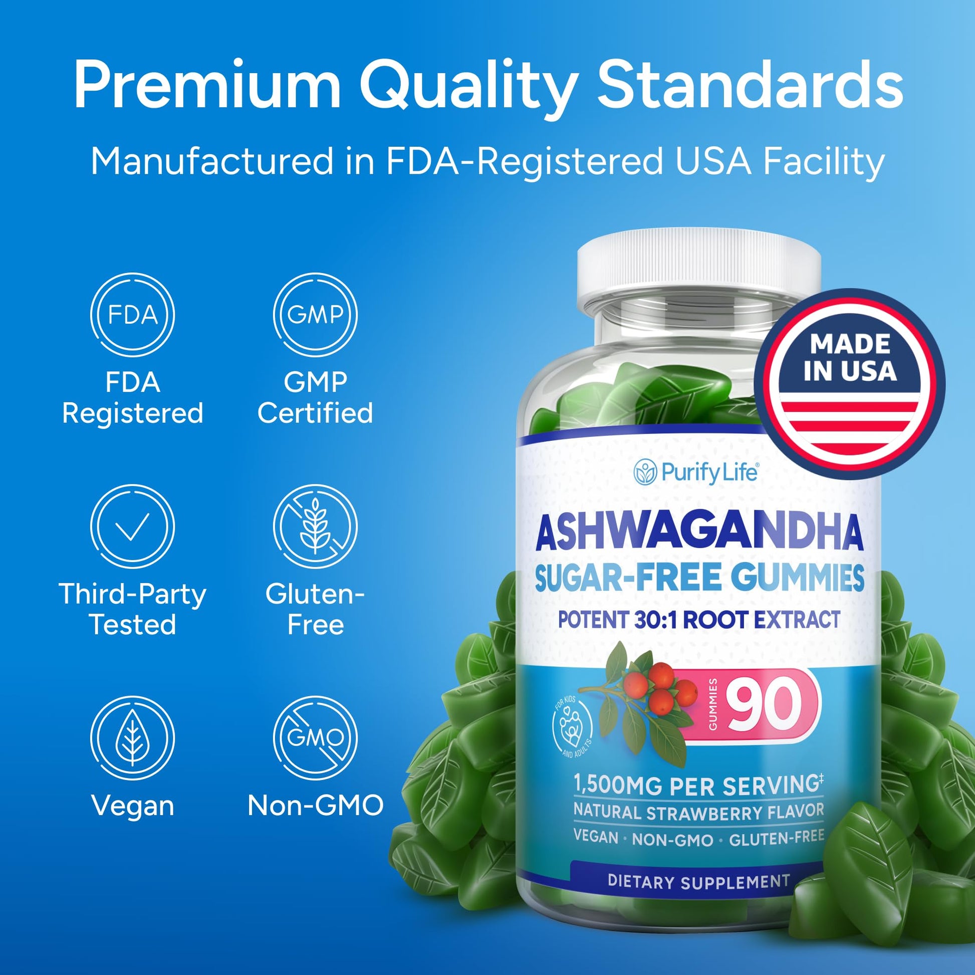 Sugar-Free Ashwagandha Gummies for Stress, Sleep & Mood Support - High-Potency 30:1 Ashwagandha Supplement Extract - Vegan Adaptogen Supplement for Women & Men, Natural Flavor, Plant-Based, 90 Gummies Purify Life buy supplements canada