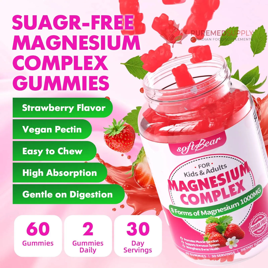 softbear Magnesium Complex Gummies for Women & Men & Kids, 8 in 1 Magnesium Complex Supplement 1000mg-Magnesium Glycinate,Citrate,Malate Supports Calm, Zzz, Muscle Cramp, Strawberry Flavor 120 Count softbear buy supplements canada