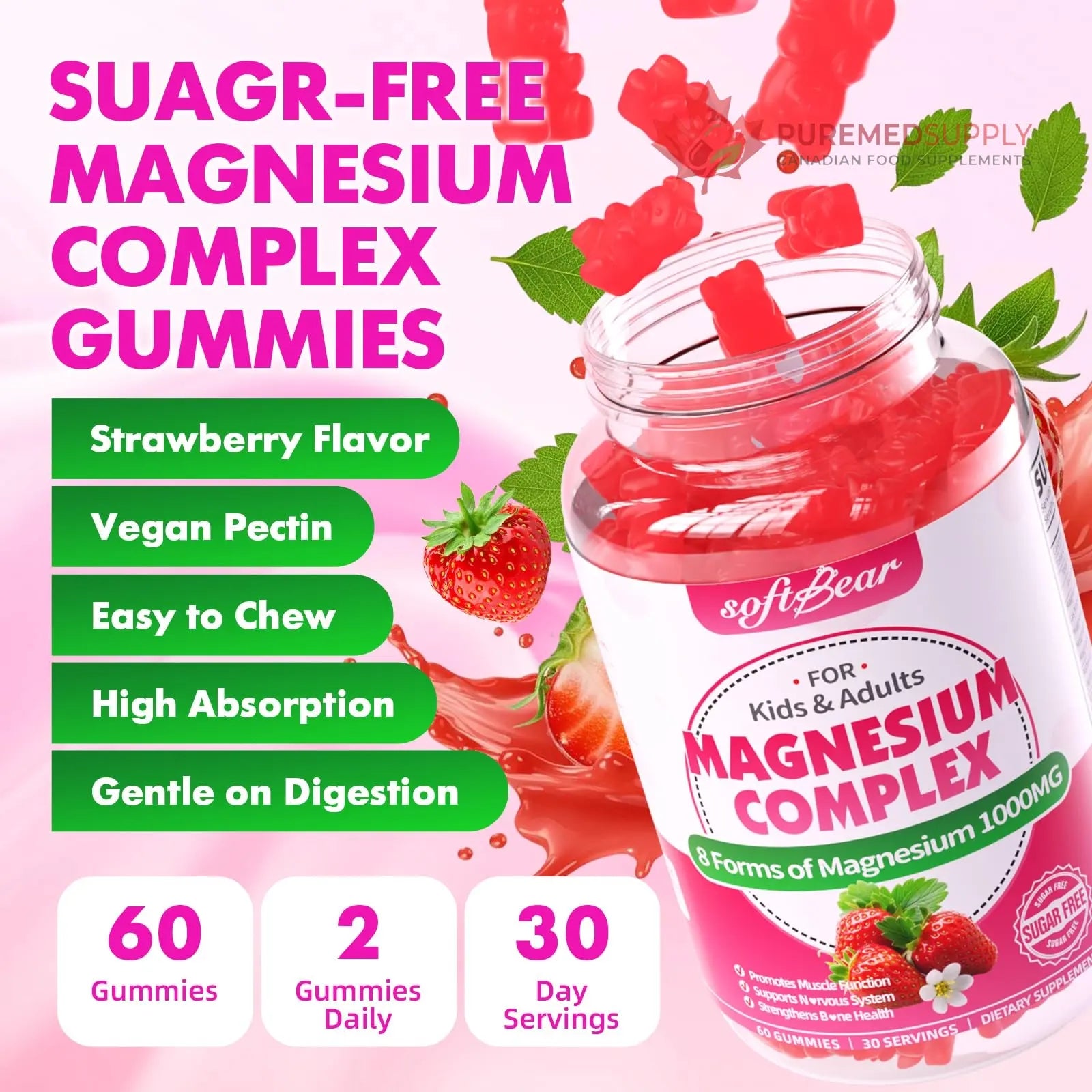 softbear Magnesium Complex Gummies for Women & Men & Kids, 8 in 1 Magnesium Complex Supplement 1000mg-Magnesium Glycinate,Citrate,Malate Supports Calm, Zzz, Muscle Cramp, Strawberry Flavor 120 Count softbear buy supplements canada
