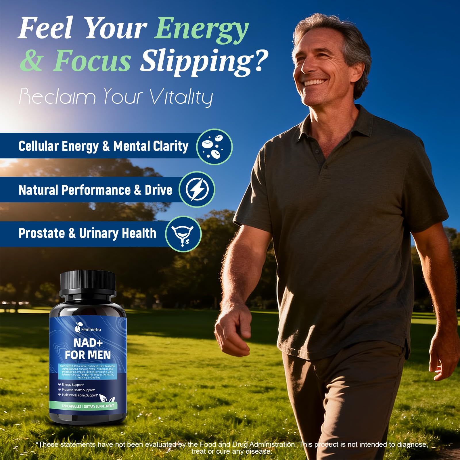 Femmetra NAD+ Supplements for Men with Saw Palmetto | All-in-One Cellular Energy, Prostate Support & Nitric Oxide Supplement with Resveratrol, L-Arginine | Non-GMO, 120 Capsules Femmetra buy supplements canada