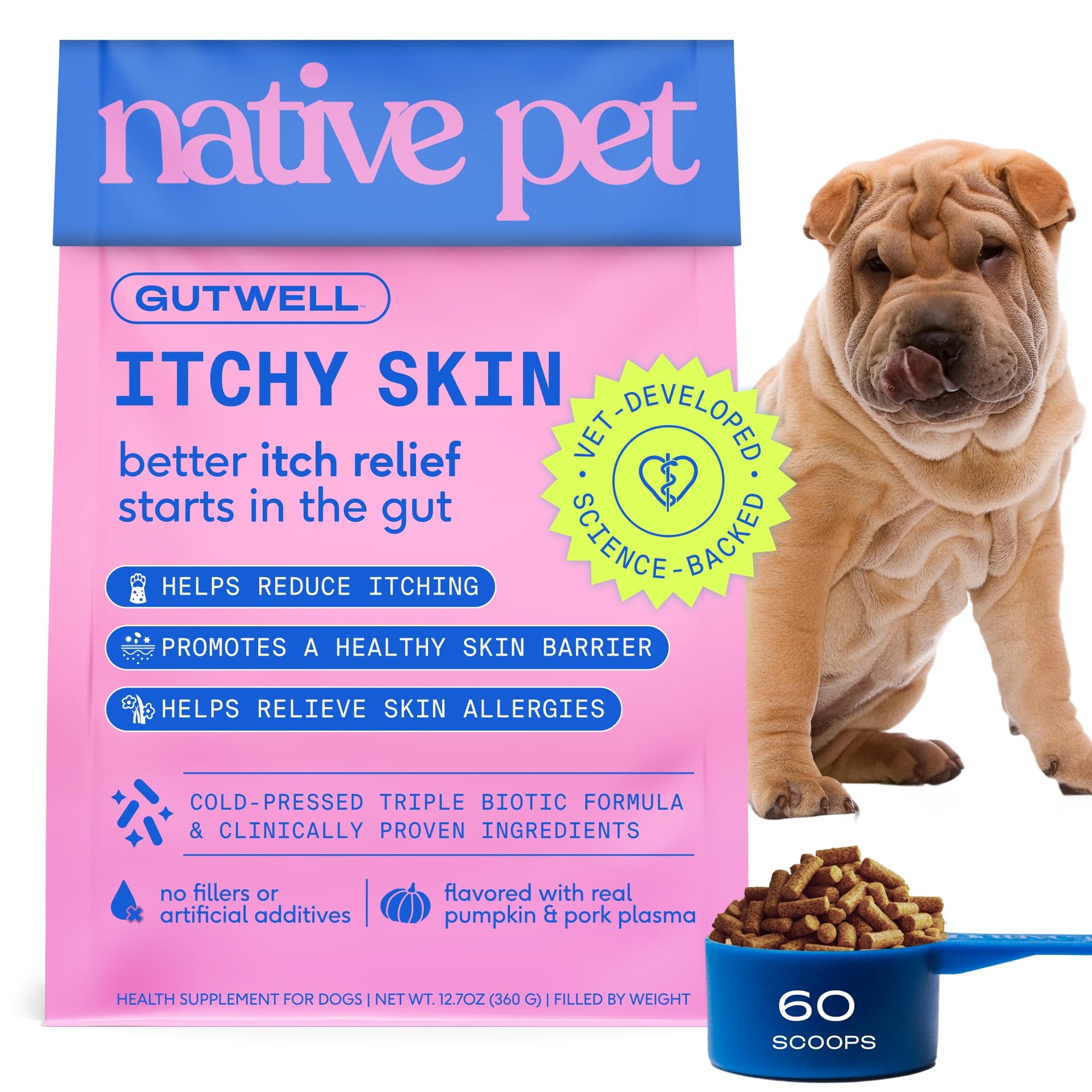 GutWell Itchy Skin - Dog Itching Skin Relief & Seasonal Allergy Itch Relief for Dogs - Promotes Skin Hydration, Elasticity & Healthy Barrier with Triple-biotic Blend, Zinc, & Vitamin E - 60 Scoops Native Pet buy supplements canada
