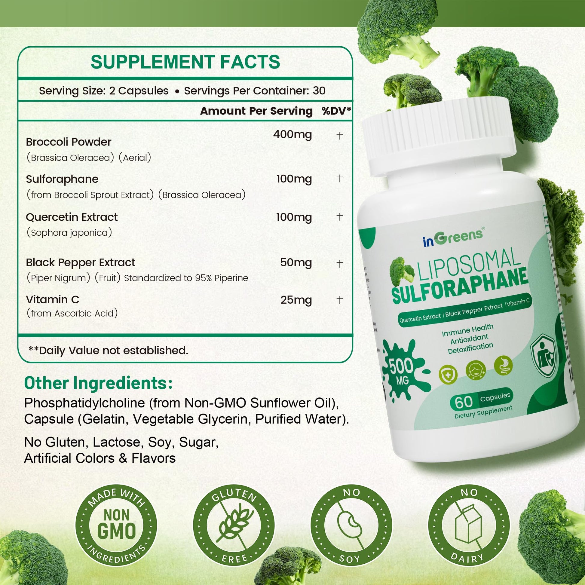 Liposomal Sulforaphane 500mg Supplement from Broccoli Extract with Quercetin, Black Pepper & Vitamin C – Antioxidant, Detox & Cellular Support, Cellular Health Formula for Men & Women, 60 Capsules inGreens buy supplements canada