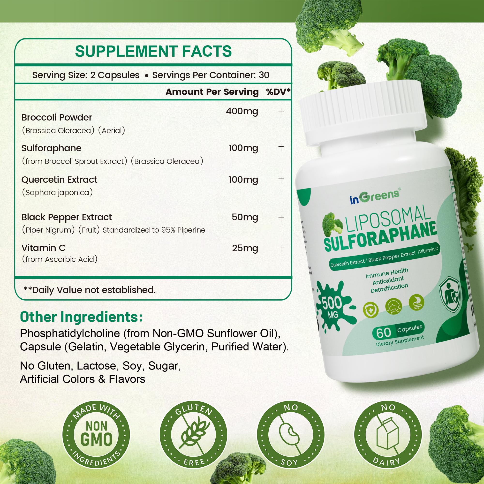 Liposomal Sulforaphane 500mg Supplement from Broccoli Extract with Quercetin, Black Pepper & Vitamin C – Antioxidant, Detox & Cellular Support, Cellular Health Formula for Men & Women, 60 Capsules inGreens buy supplements canada