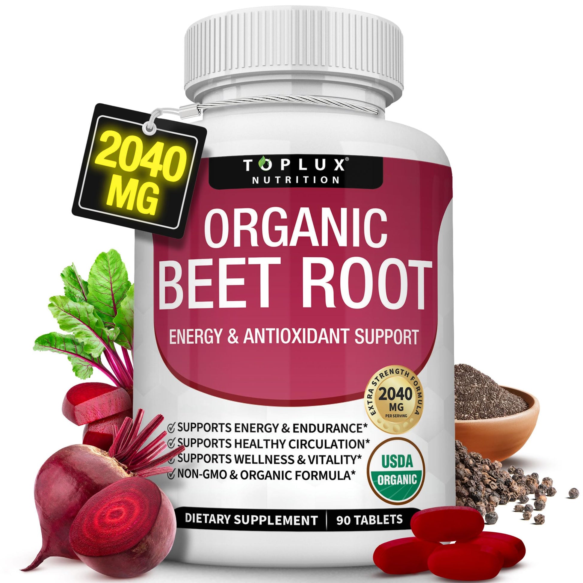 Toplux Organic Beet Root Powder Tablets - 2040mg Natural Nitric Oxide Beets to Support, Energy, Black Pepper Better Absorption, Non-GMO, for Men Women, 90 Tablets Toplux buy supplements canada