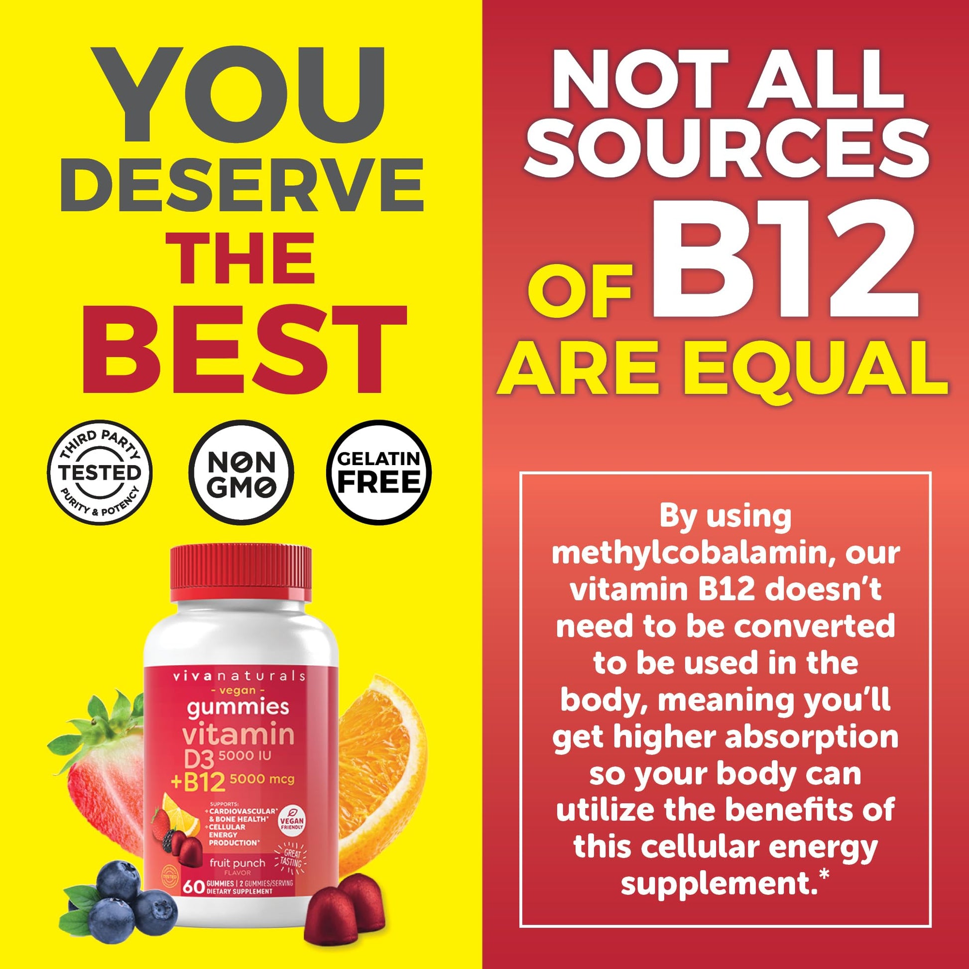 Viva Naturals Plant-Based B12 Gummies with Vitamin D3 - Chewable 5000mcg B12 Viva Naturals buy supplements canada