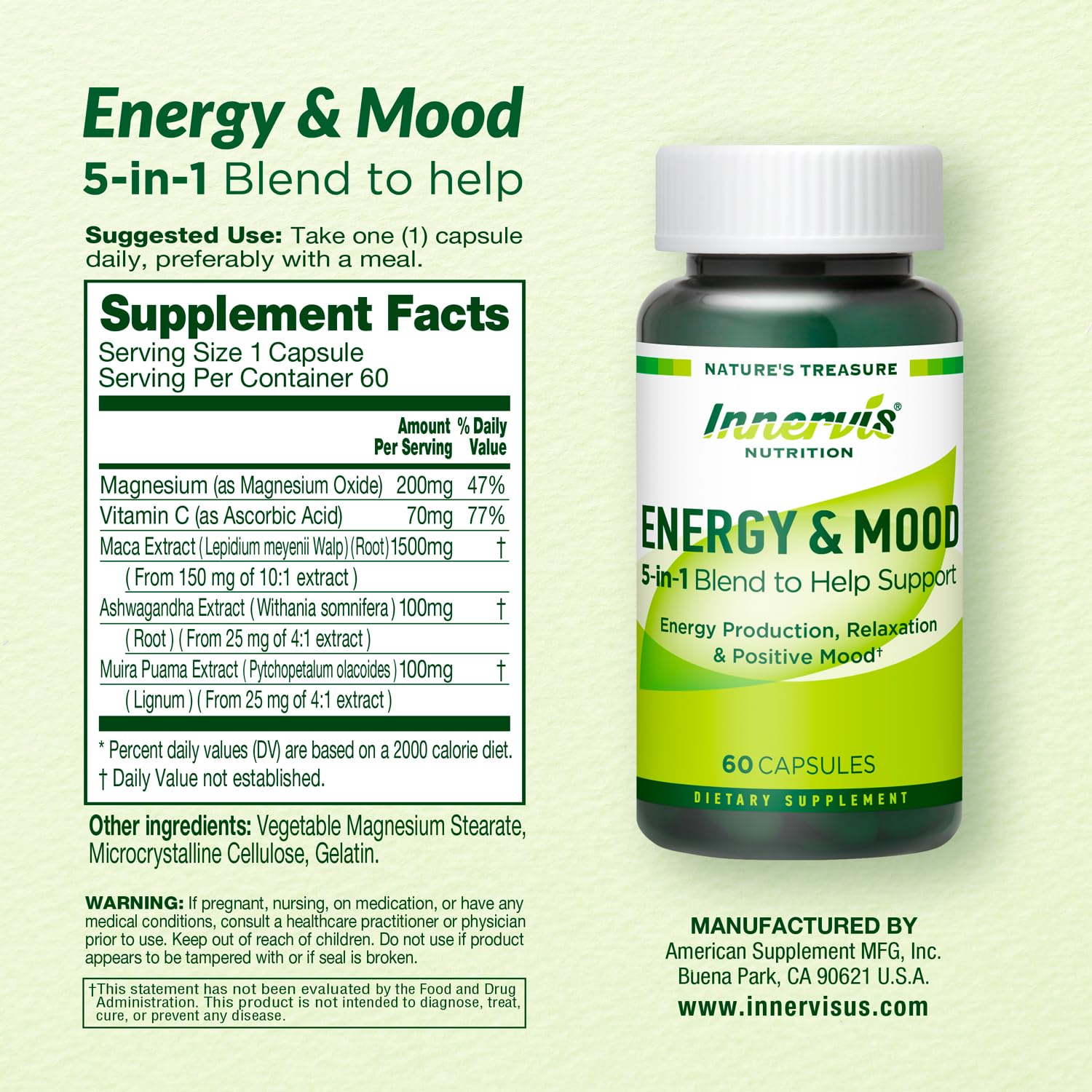Caffeine Free Natural Energy Boost with Ashwagandha, Maca & Magnesium - Support Stress Relief, Focus & Mood - 60 Capsules by Innervis Nutrition INNERVISNUTRITION buy supplements canada