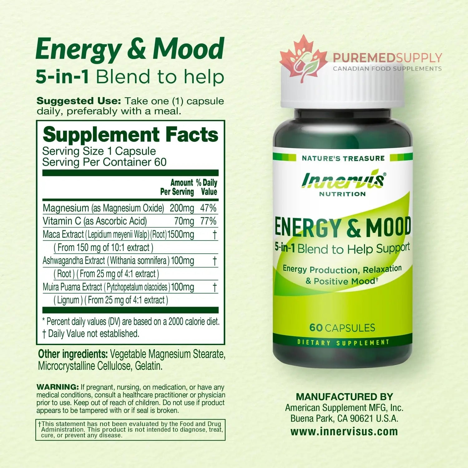Caffeine Free Natural Energy Boost with Ashwagandha, Maca & Magnesium - Support Stress Relief, Focus & Mood - 60 Capsules by Innervis Nutrition INNERVISNUTRITION buy supplements canada