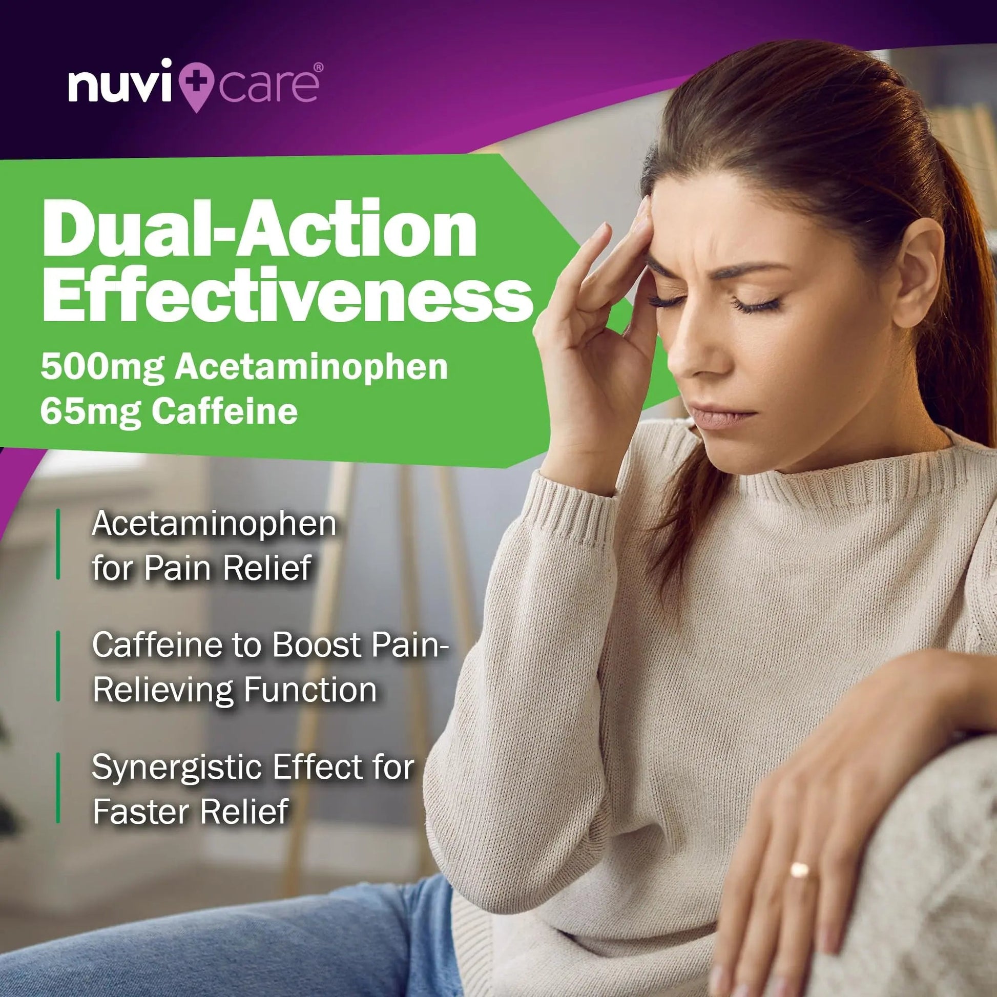 Nuvicare Tension Headache Relief Pills with 500mg Acetaminophen and 65mg Caffeine - Non Aspirin Pain Reliever Aid - Compare to Active Ingredient in Aspirin Free Excedrin Tension Headache (100 Caplets) NUVICARE buy supplements canada