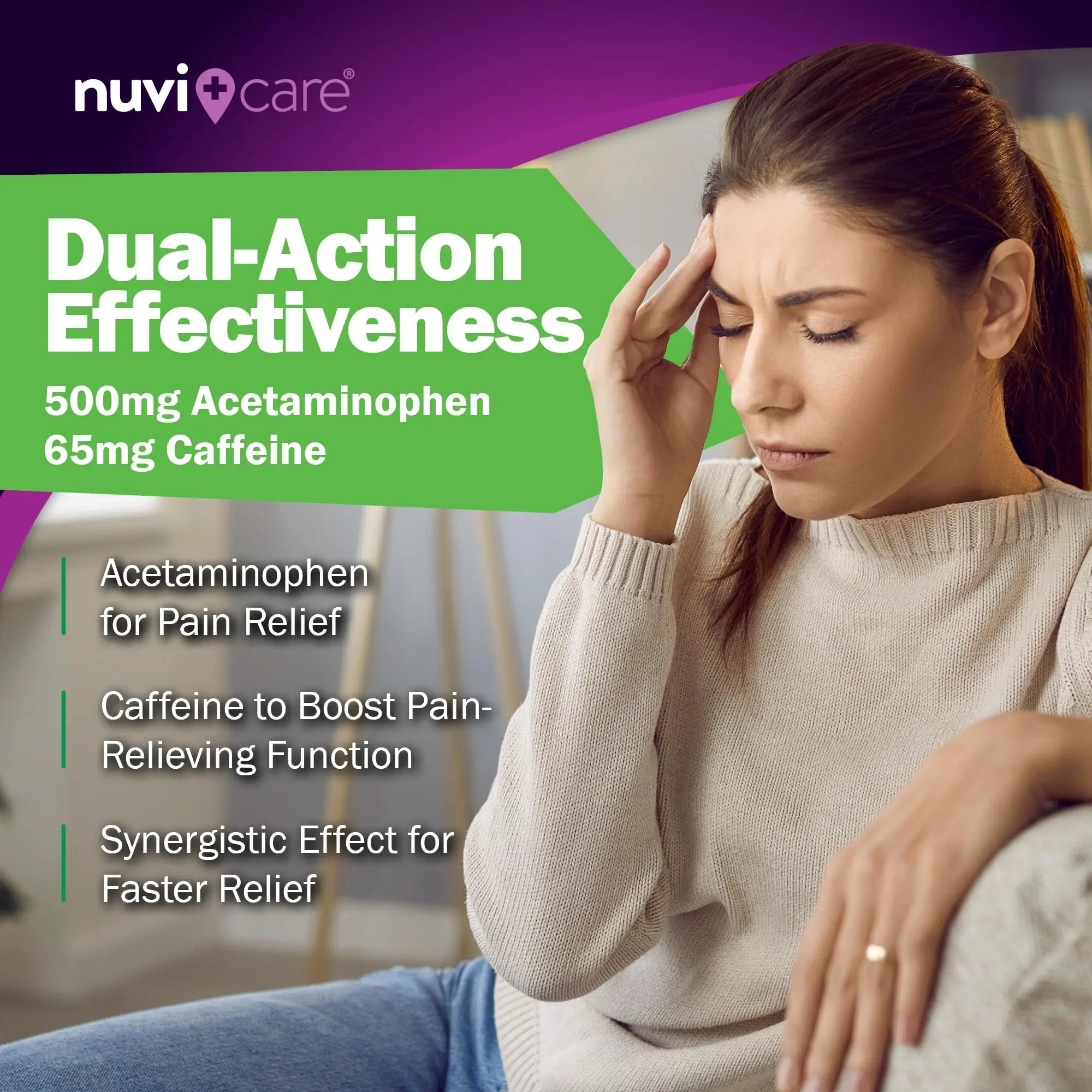 Nuvicare Tension Headache Relief Pills with 500mg Acetaminophen and 65mg Caffeine - Non Aspirin Pain Reliever Aid - Compare to Active Ingredient in Aspirin Free Excedrin Tension Headache (100 Caplets) NUVICARE buy supplements canada