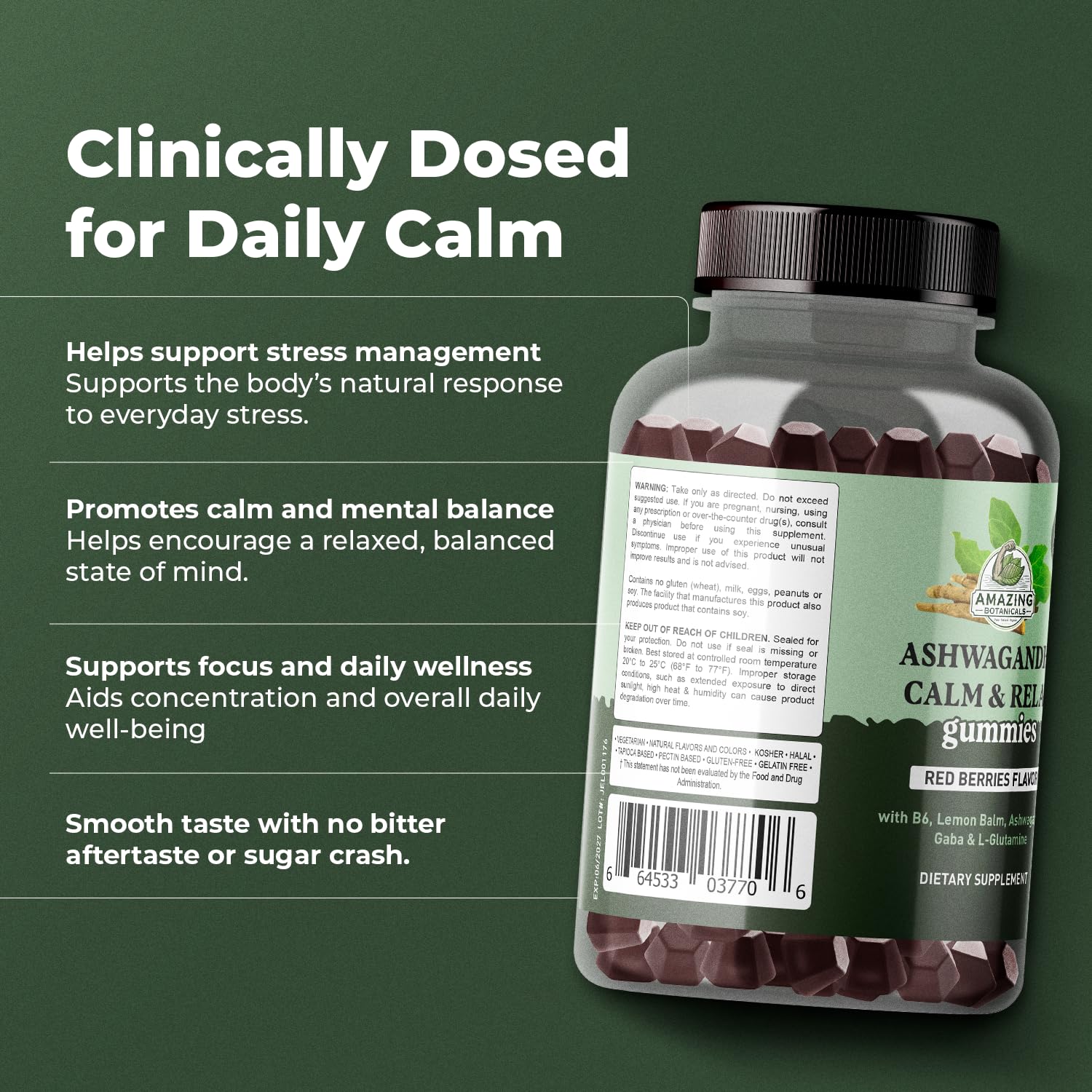 Ashwagandha Calm & Relax Gummies with Vitamin B6, Lemon Balm, GABA & L-Glutamine – 60 Gummies – Red Berries Flavor – Improve Sleep, Stress Relief & Mood – Vegan, Gluten-Free, Non-GMO Amazing Botanicals buy supplements canada