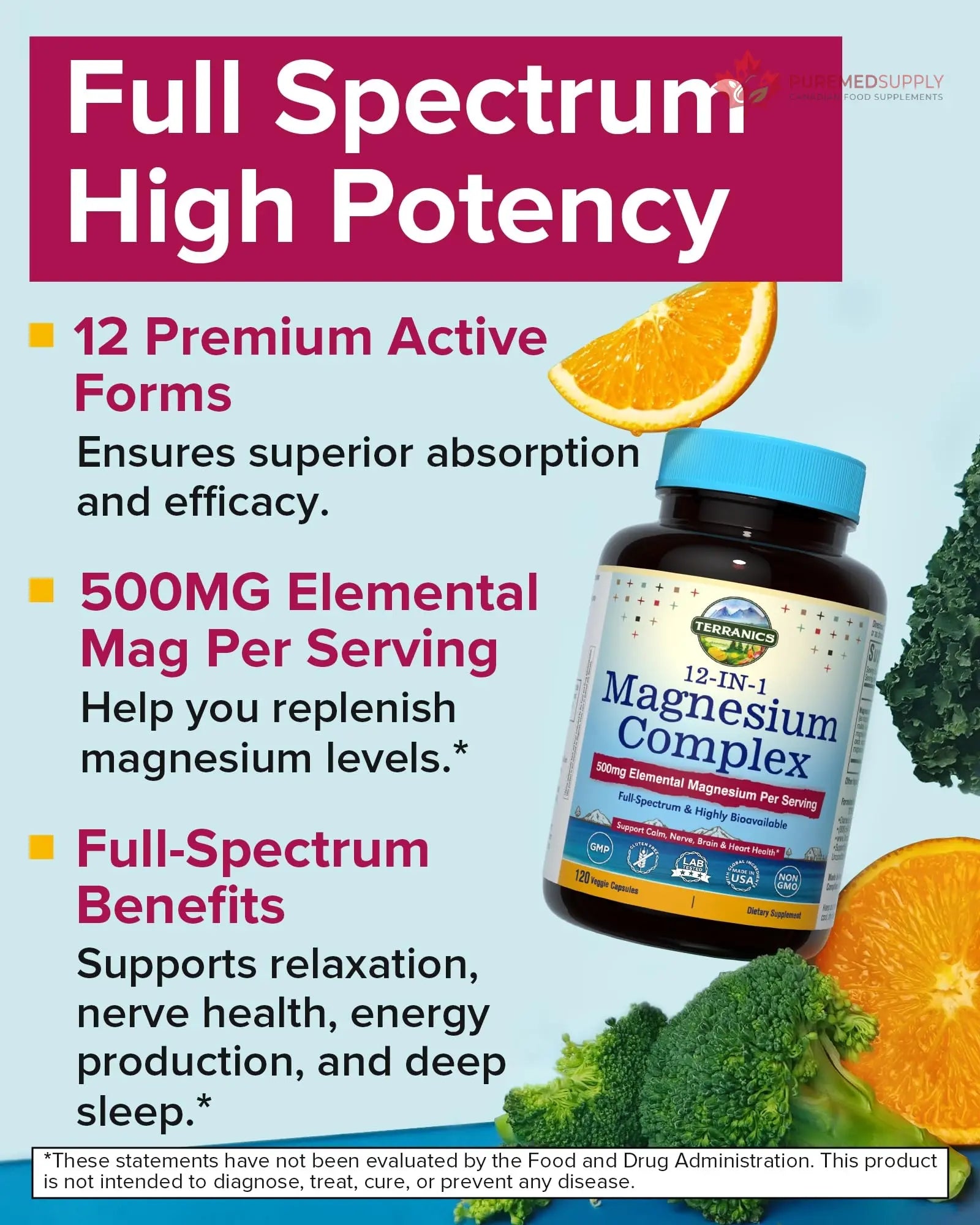 Terranics 12-in-1 Magnesium Complex 500mg, High Absorption Chelated Magnesium Glycinate, Citrate, Malate, Taurate, Orotate & More, for Sleep, Calm, Energy, Heart, Vegan, Non-GMO,120 Capsules Terranics buy supplements canada