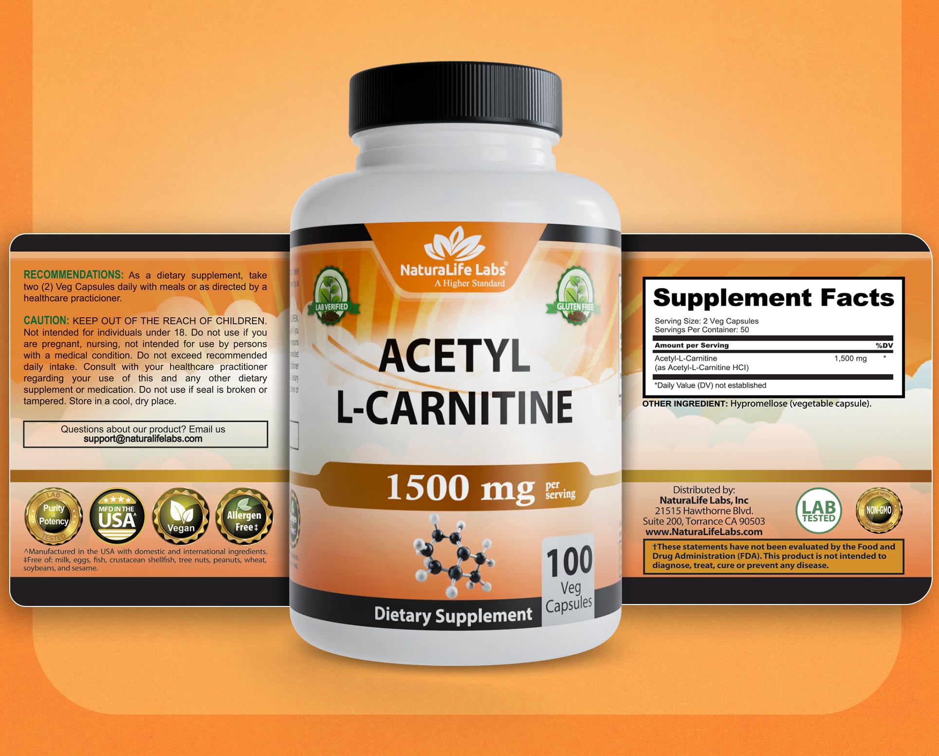 NaturaLife Labs Acetyl L-Carnitine (ALCAR) 1500 mg per Serving – 100 Capsules – Non-GMO, Gluten-Free, Vegan NaturaLife Labs buy supplements canada