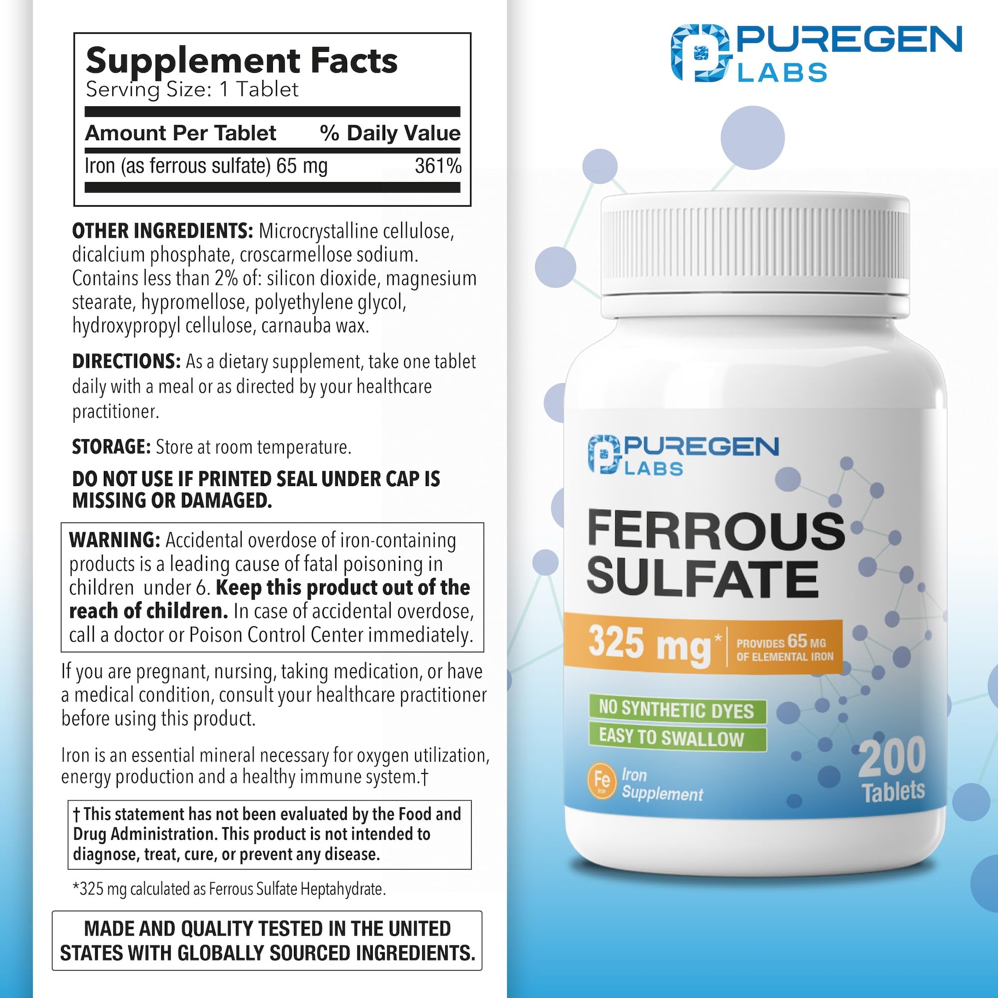Puregen Labs Ferrous Sulfate 325 mg (65 mg Elemental Iron) High Potency Iron Supplement | No Artificial Color Additives - 200 Tablets P Puregen Labs buy supplements canada