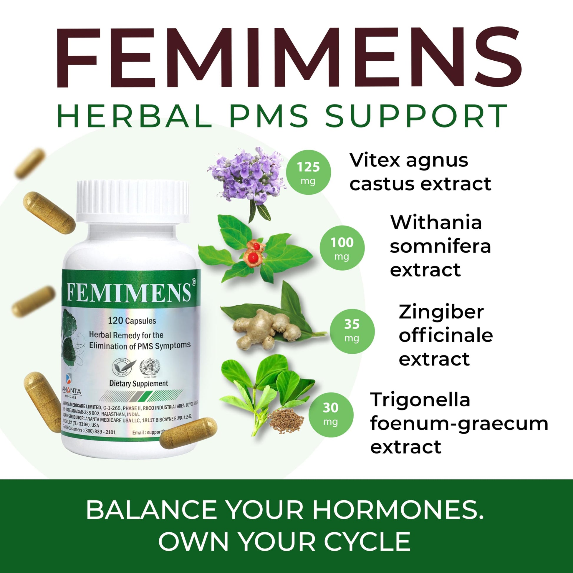FEMIMENS – PMS Support Supplement for Women – PMS Relief for Women & Menstrual Cramp Relief – Hormonal Balance for Women – Chasteberry Vitex, Ashwagandha, Ginger, Fenugreek – 120 Vegan Capsules Ananta Medicare USA buy supplements canada