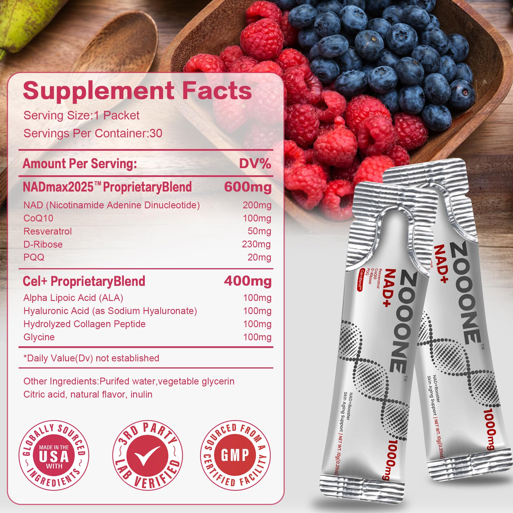 zooone NAD+ Supplement with Resveratrol, Liquid Designed to Help Support Absorption, 1000mg NMNH Supplement Alternative for Anti-Aging, Boost Energy, Support Cellular, 30 Pockets zooone buy supplements canada