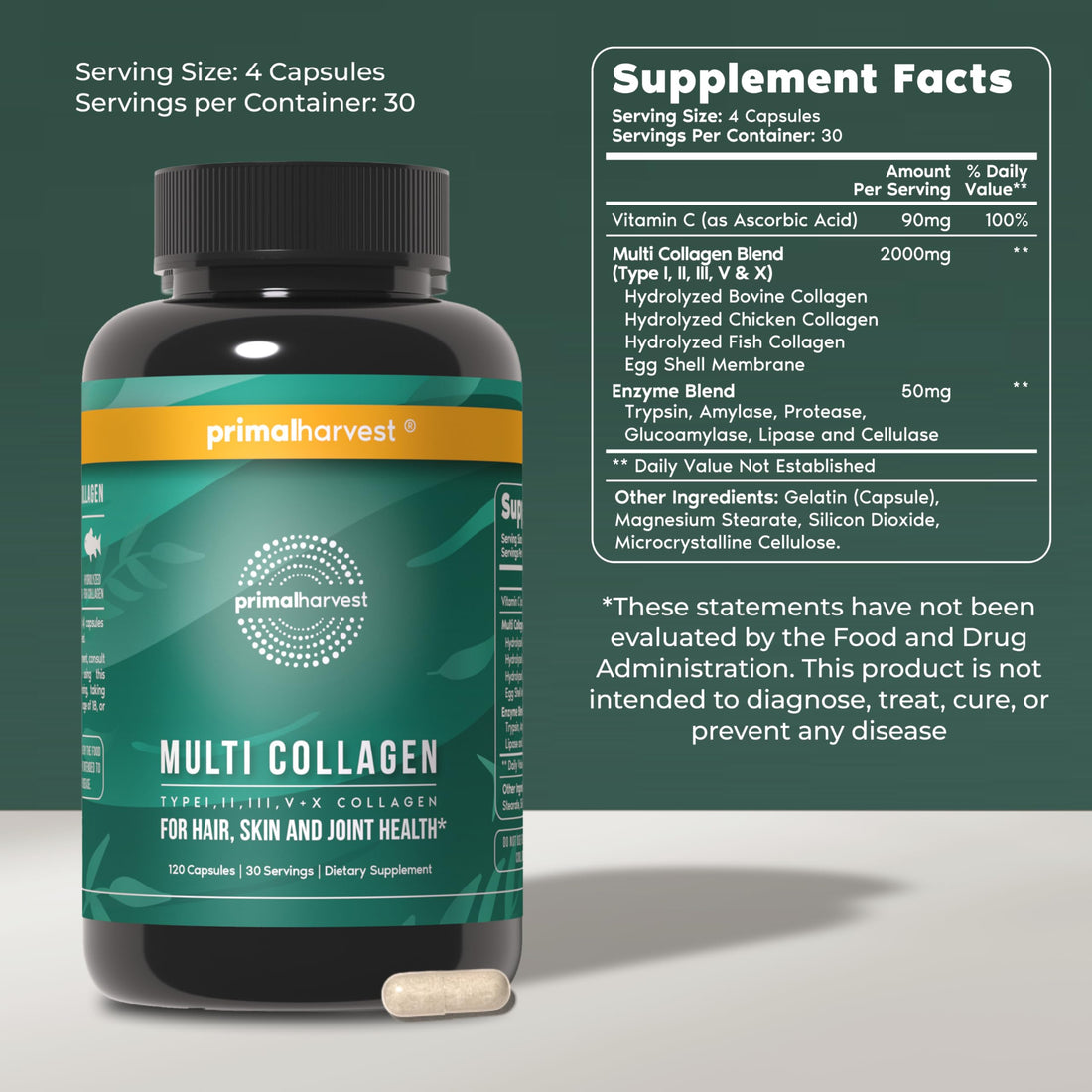 Primal Harvest Multi Collagen Pills for Women and Men (Type I, II, III, V, X) 120 Capsules w/Vitamin C for Hair, Skin, Nails Primal Harvest buy supplements canada