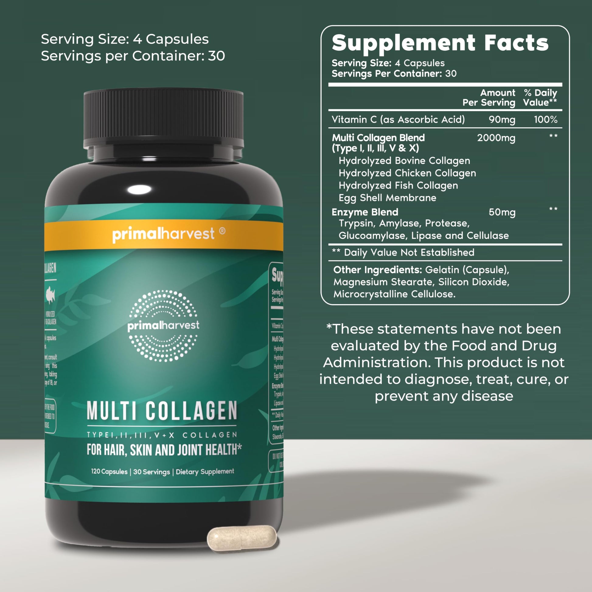 Primal Harvest Multi Collagen Pills for Women and Men (Type I, II, III, V, X) 120 Capsules w/Vitamin C for Hair, Skin, Nails Primal Harvest buy supplements canada
