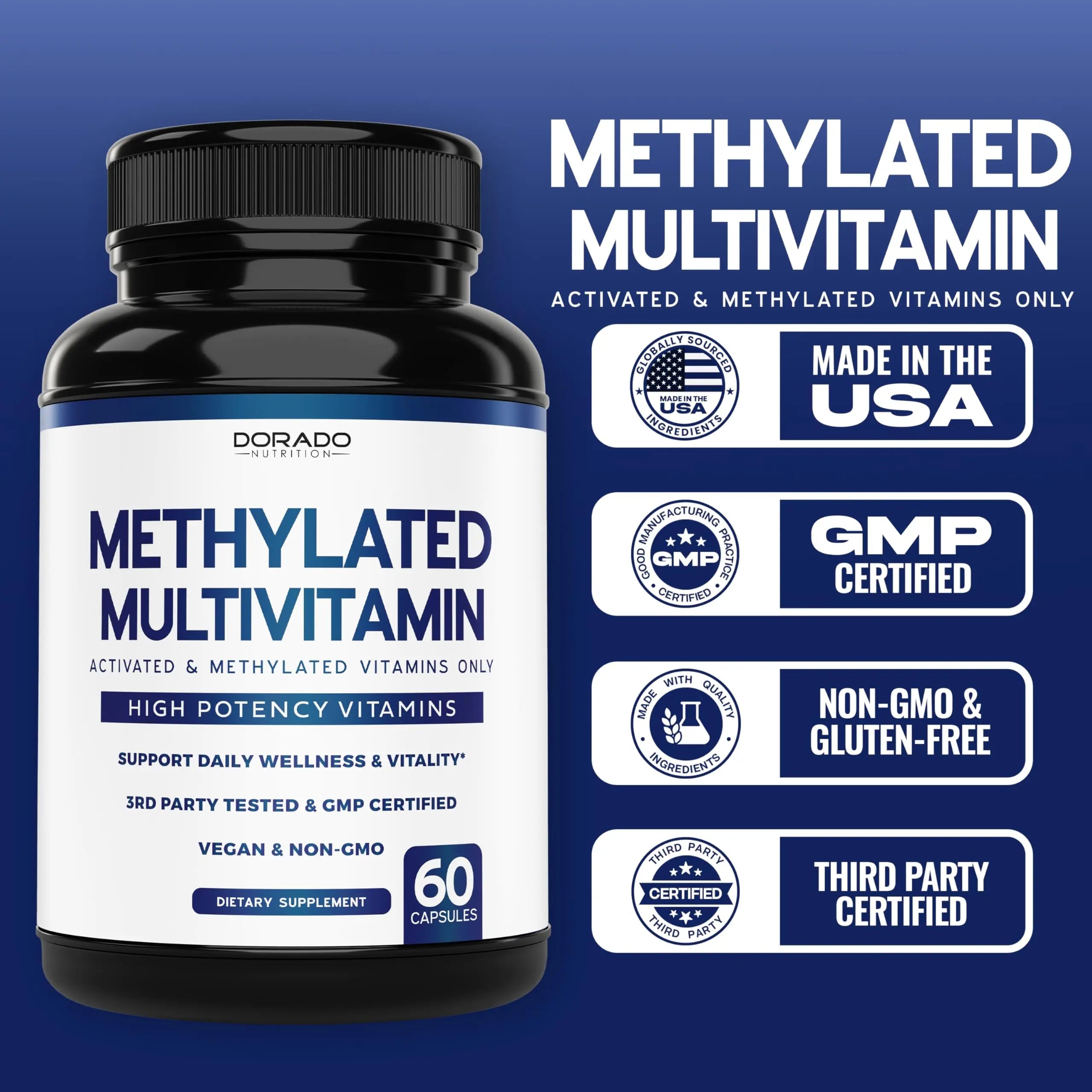 Methylated Multivitamin (Methylated and Activated Vitamins Only - Methylated B Complex with Trimethylglycine (TMG) and Methylfolate) DORADO NUTRITION buy supplements canada