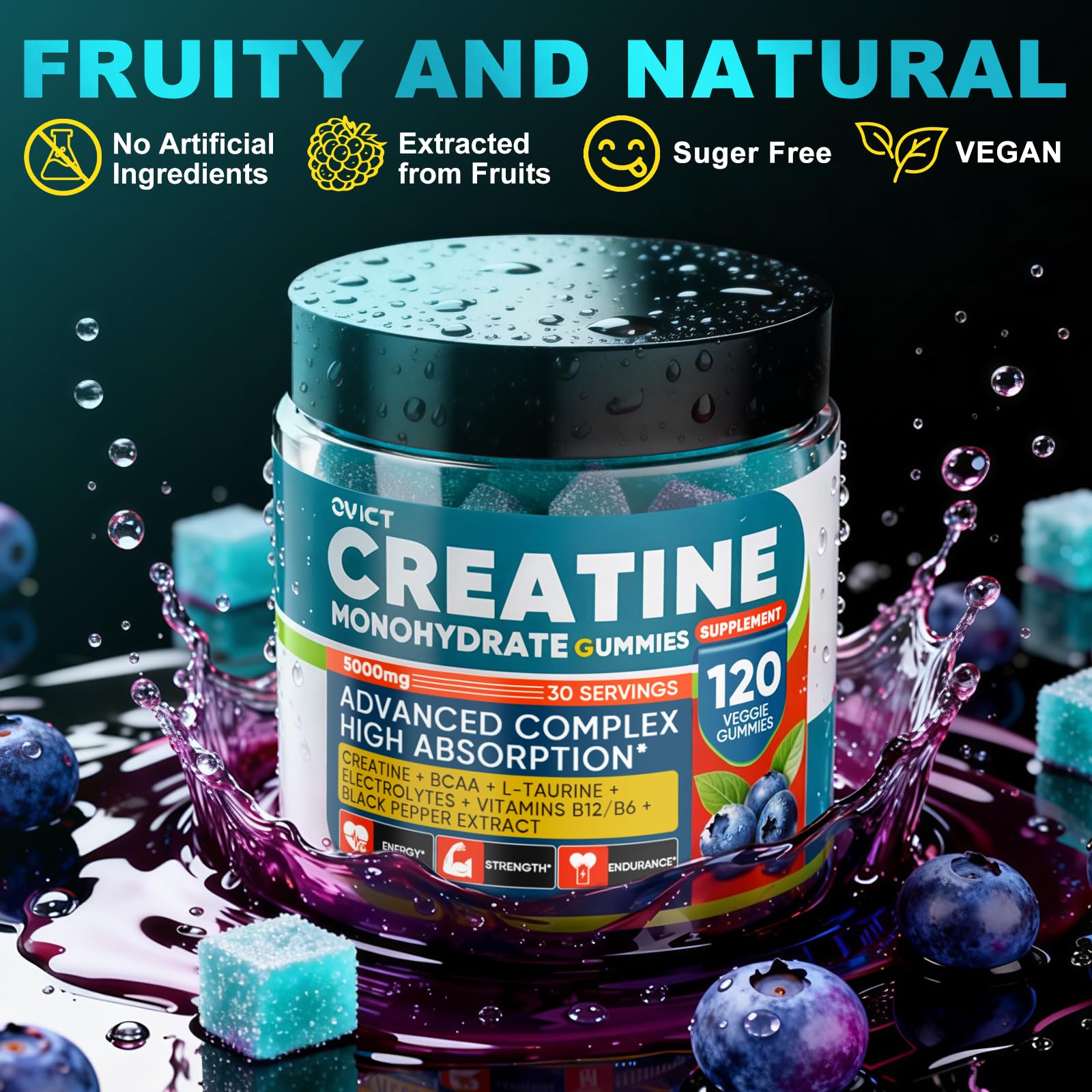 99.99% Creatine Monohydrate Gummies for Men Women 5g, 7-in-1 Pre-Workout Complex with BCAA, Taurine, B12/6 & Electrolytes, 6X Boost Energy, Muscle Strength & Recovery OVICT buy supplements canada