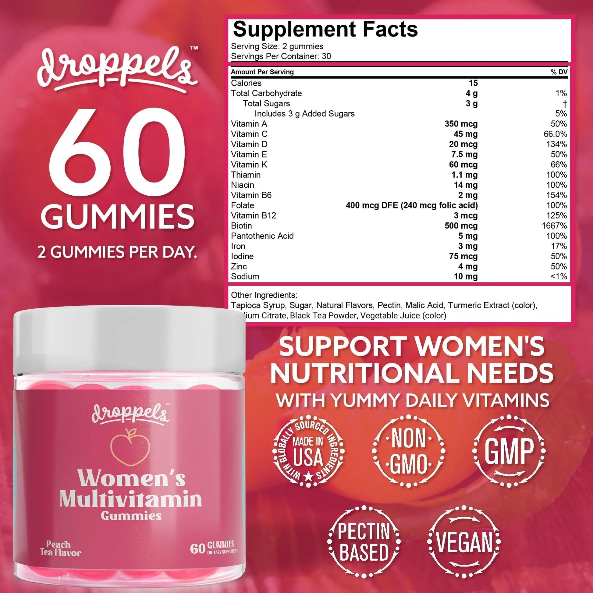 Droppels Women's Multivitamin Gummies with Folic Acid, Vitamins A, D, C, E, K, B6, B12, Biotin & More | Vegan, Non-GMO & Pectin-Based Daily Vitamins for Women | Droppels buy supplements canada