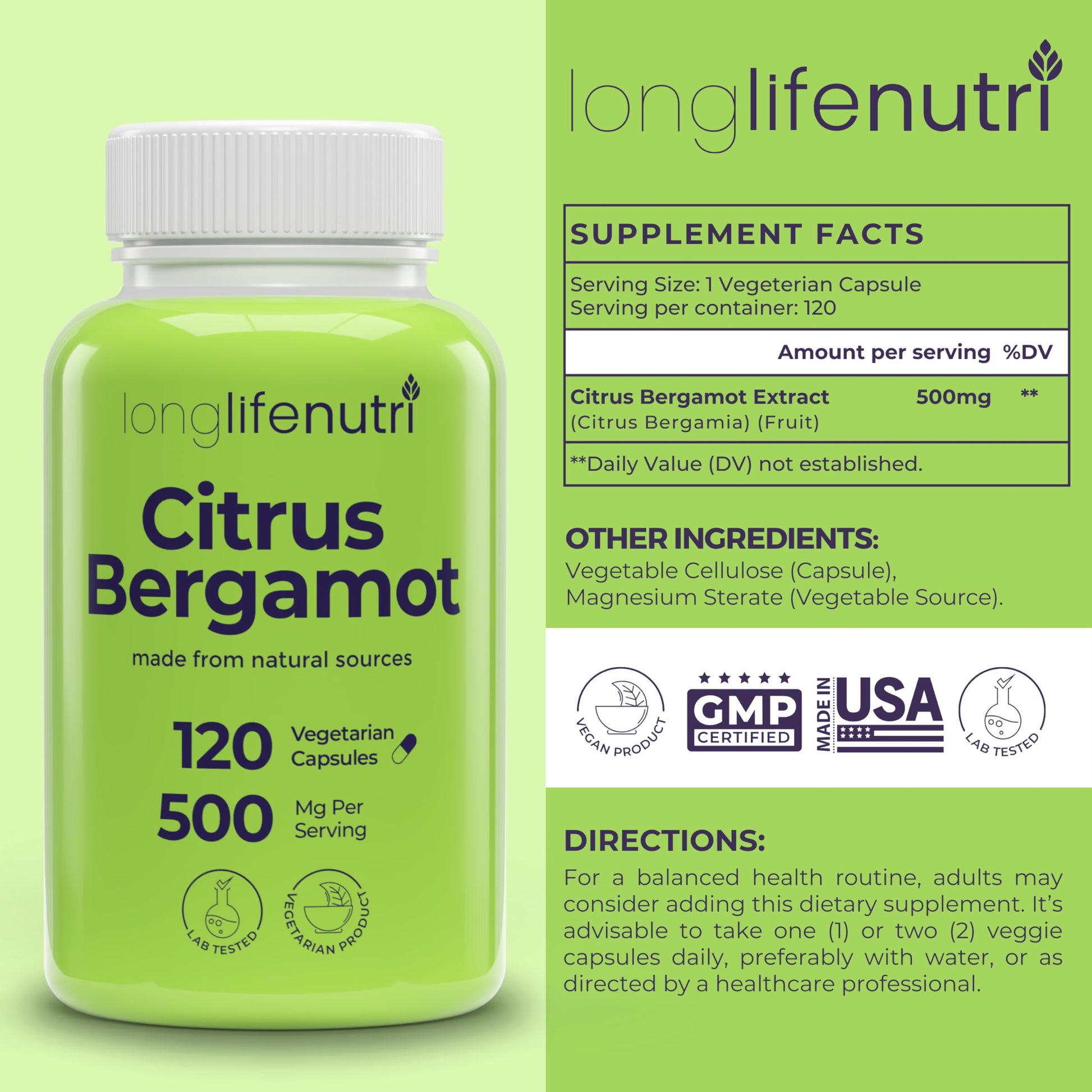 LongLifeNutri Citrus Bergamot Extract 500mg - 120 Vegetarian Capsules, 40% Polyphenolic Flavanones, 4-Month Supply, Plant-Based Anti-Oxidant, Tested, Made in USA LongLifeNutri buy supplements canada