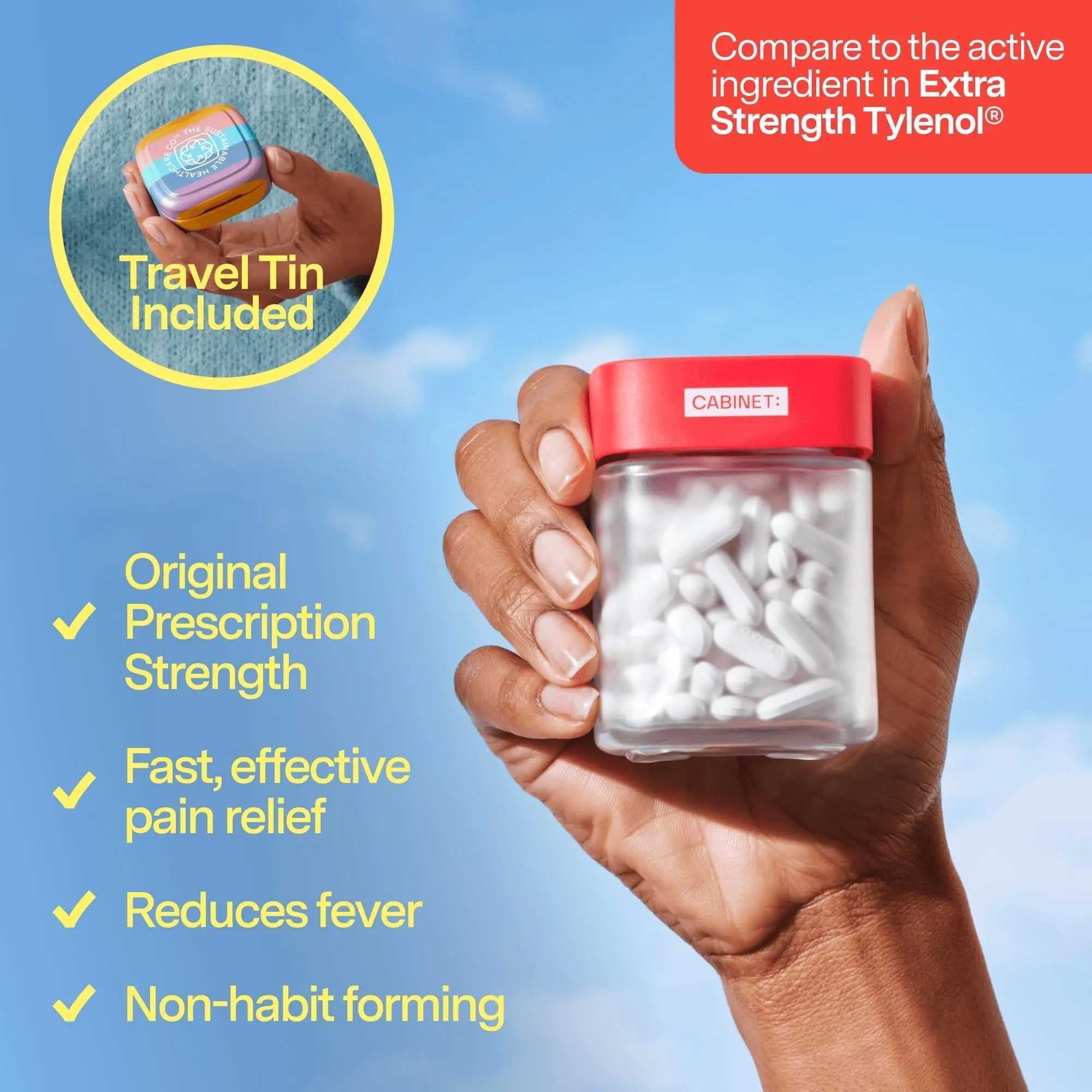Cabinet: 500mg Acetaminophen for Headache Relief, Toothaches, Sore Throat, and Fever Reducer, Includes 1 Refillable Medicine Jar, 120 Tablets Refillable Glass Jar - w/Travel Tin Cabinet: buy supplements canada