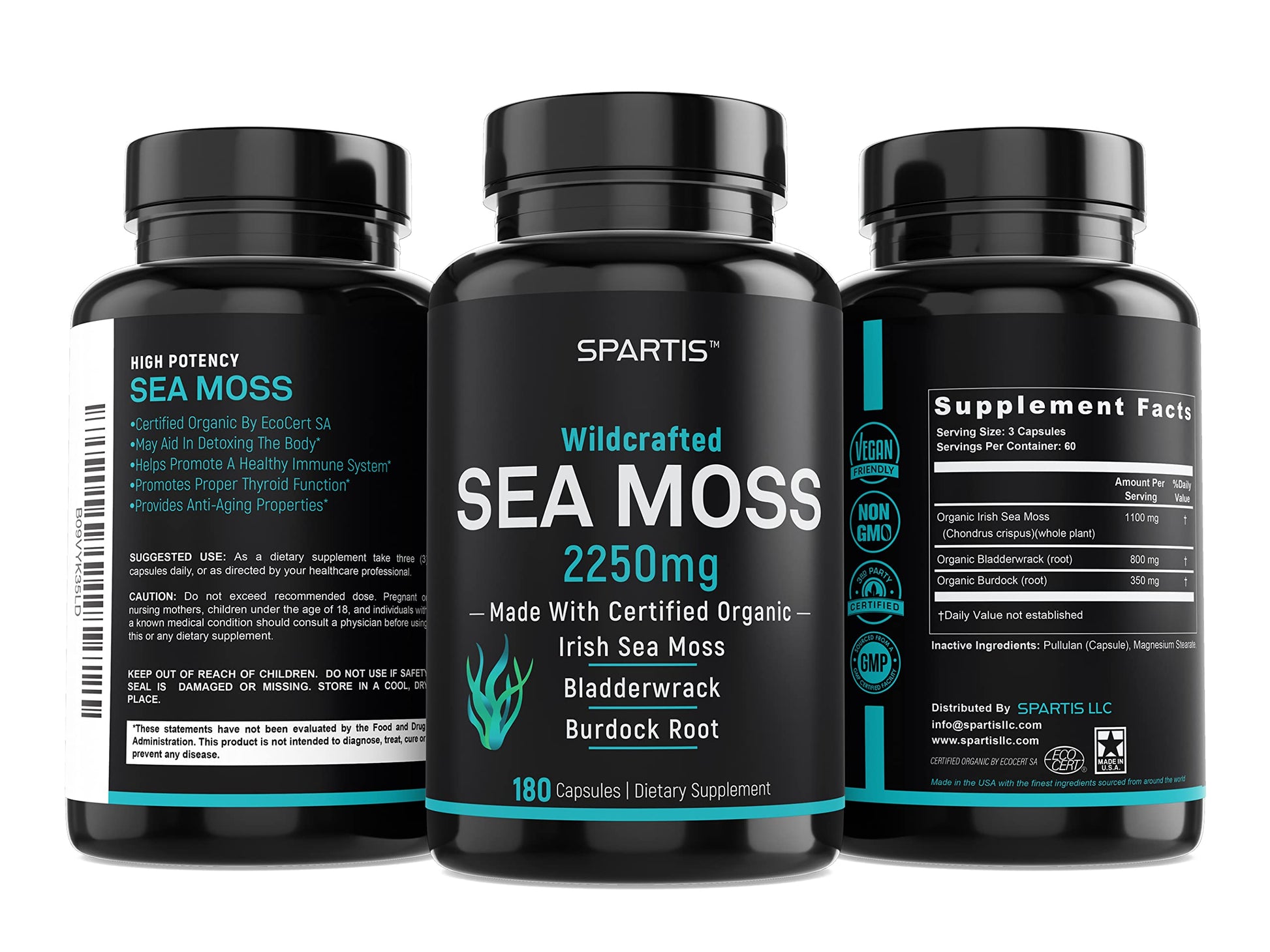 SPARTIS Certified Organic Sea Moss Capsules 2250mg Wildcrafted Irish Sea Moss Burdock Root Bladderwrack Supplement Raw Seamoss Pills & Powder (Pack of 1 at 180-Caps) SPARTIS buy supplements canada
