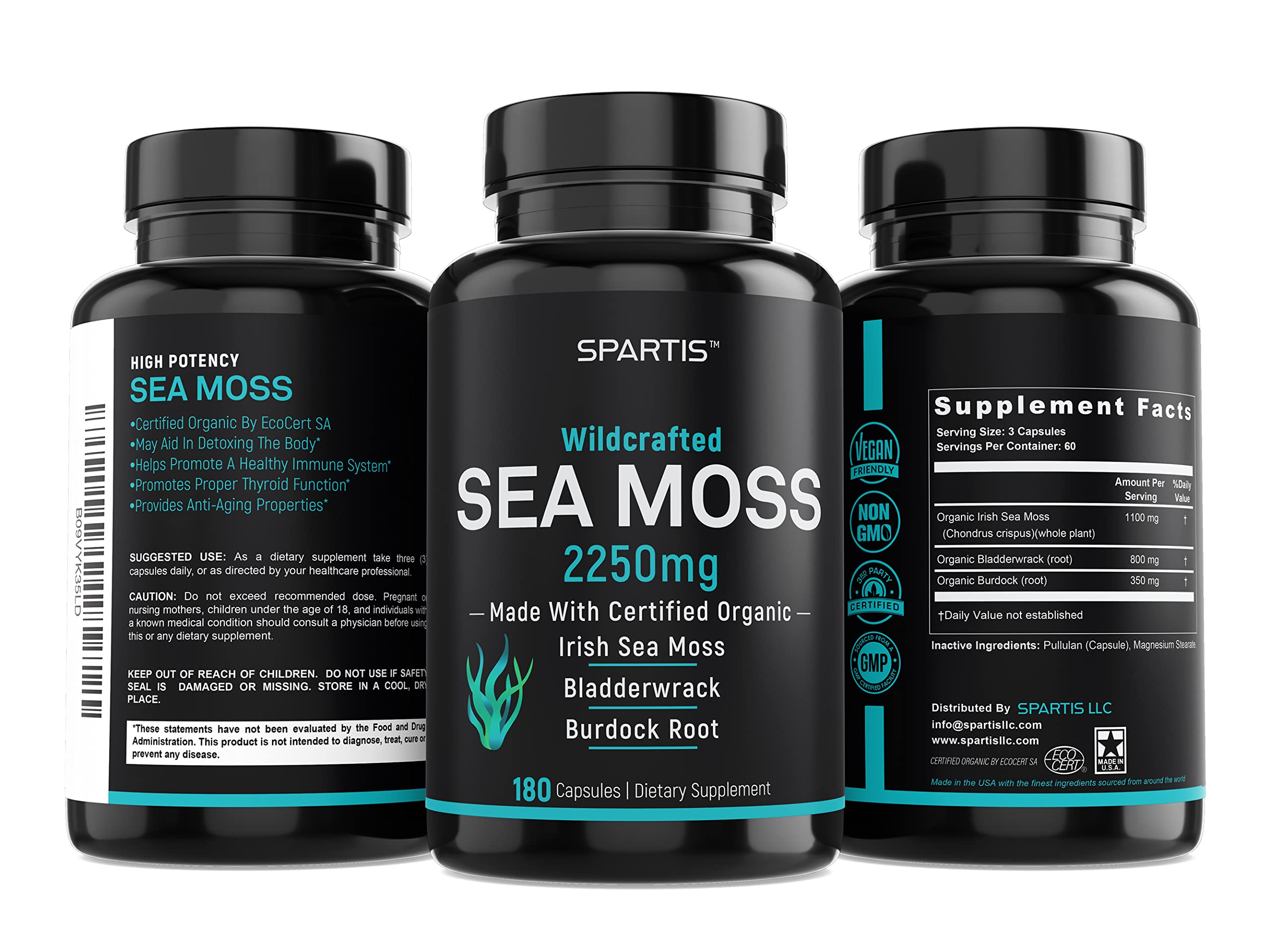 SPARTIS Certified Organic Sea Moss Capsules 2250mg Wildcrafted Irish Sea Moss Burdock Root Bladderwrack Supplement Raw Seamoss Pills & Powder (Pack of 1 at 180-Caps) SPARTIS buy supplements canada