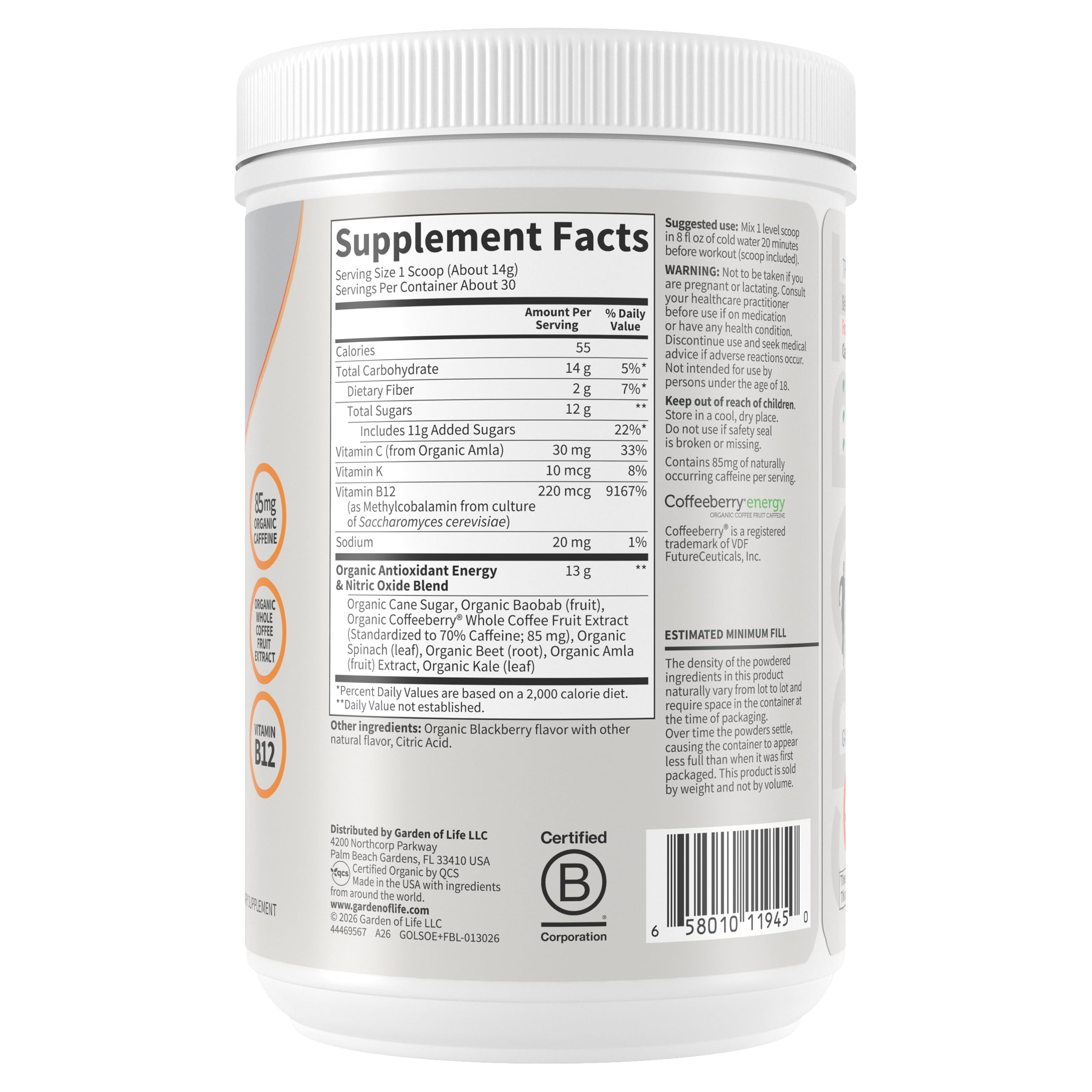 Garden of Life Sport Organic Plant Based Energy + Focus Clean Pre Workout Powder, with 85mg Caffeine, Natural No Booster, B12, Vegan, Gluten Free, Non-GMO, BlackBerry, 15.3 Oz Garden of Life buy supplements canada